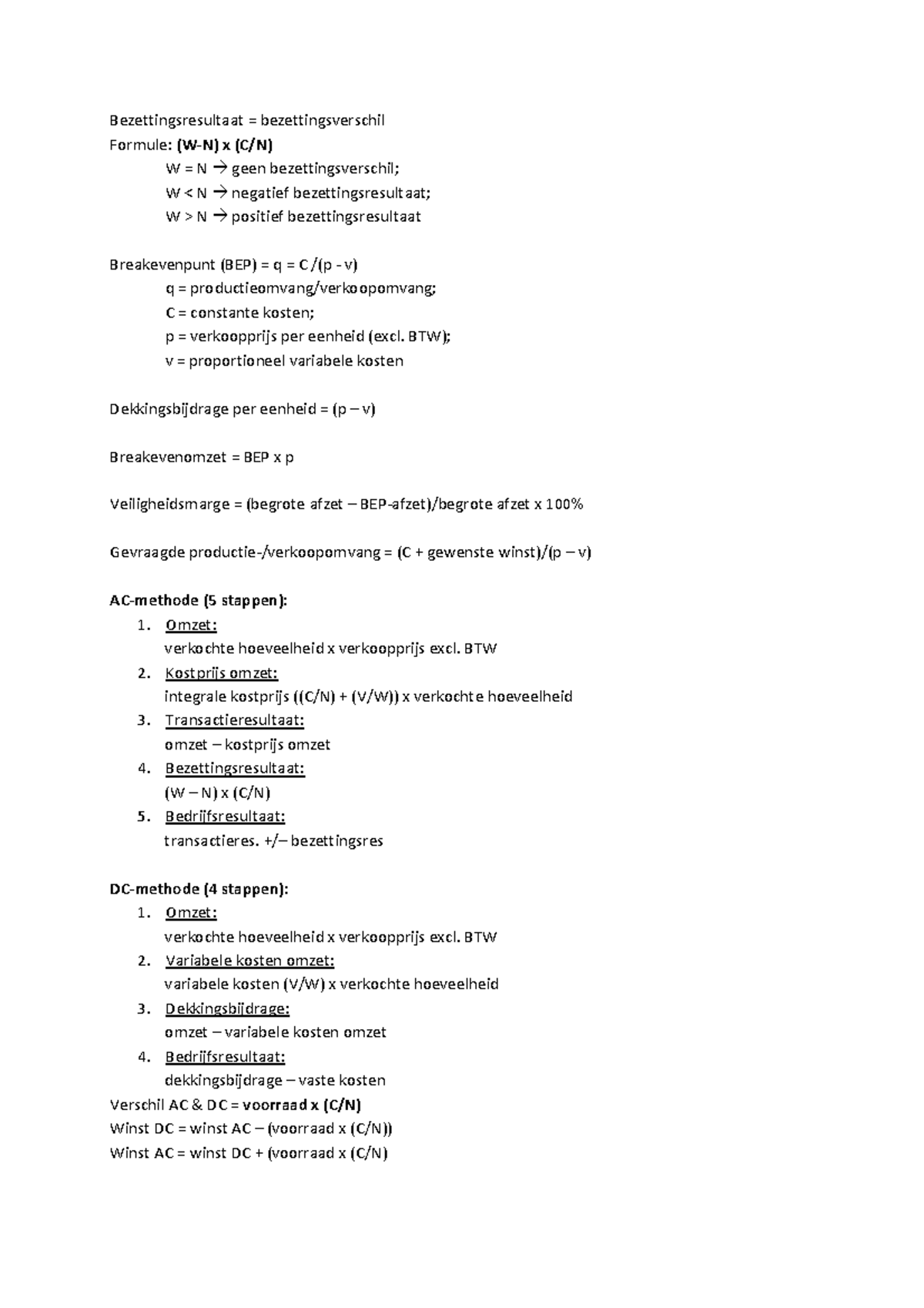 Formules Algemene Economie 1 Bezettingsresultaat Bezettingsverschil Formule Geen Studeersnel