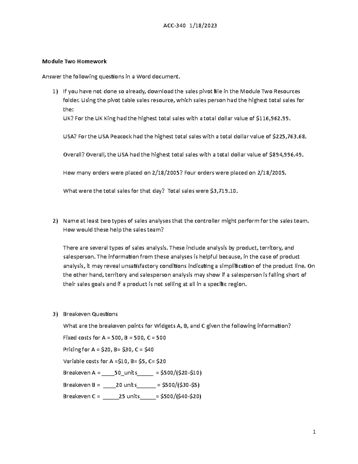 ACC 340 Module Two Homework (SD) Module Two Homework Answer the