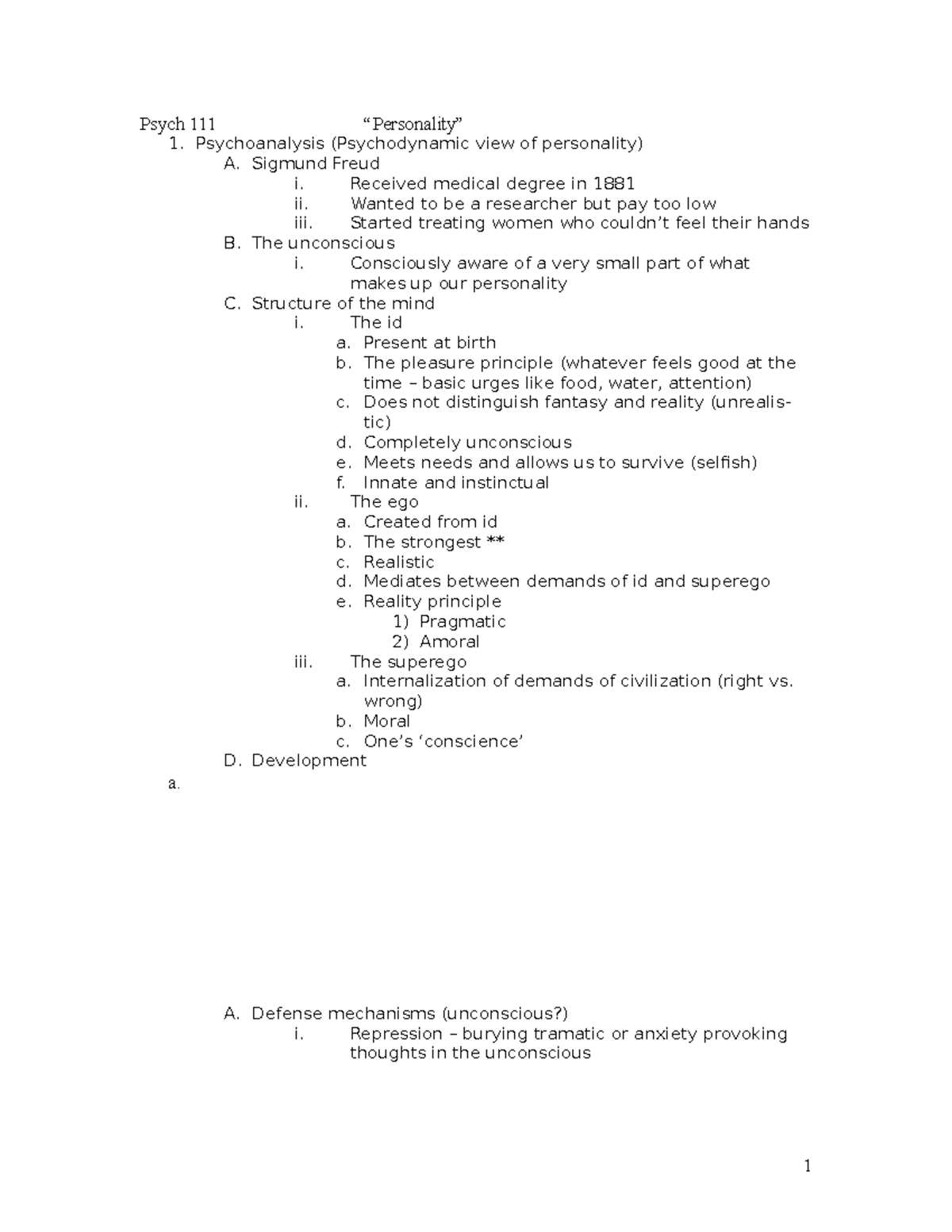 Personality - Lecture notes 15 - Psych 111 “Personality” 1 ...