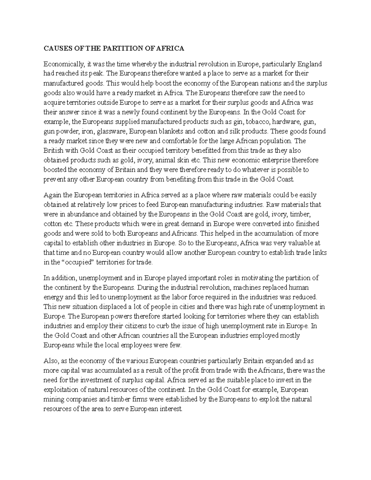 Causes OF THE Partition OF Africa CAUSES OF THE PARTITION OF AFRICA