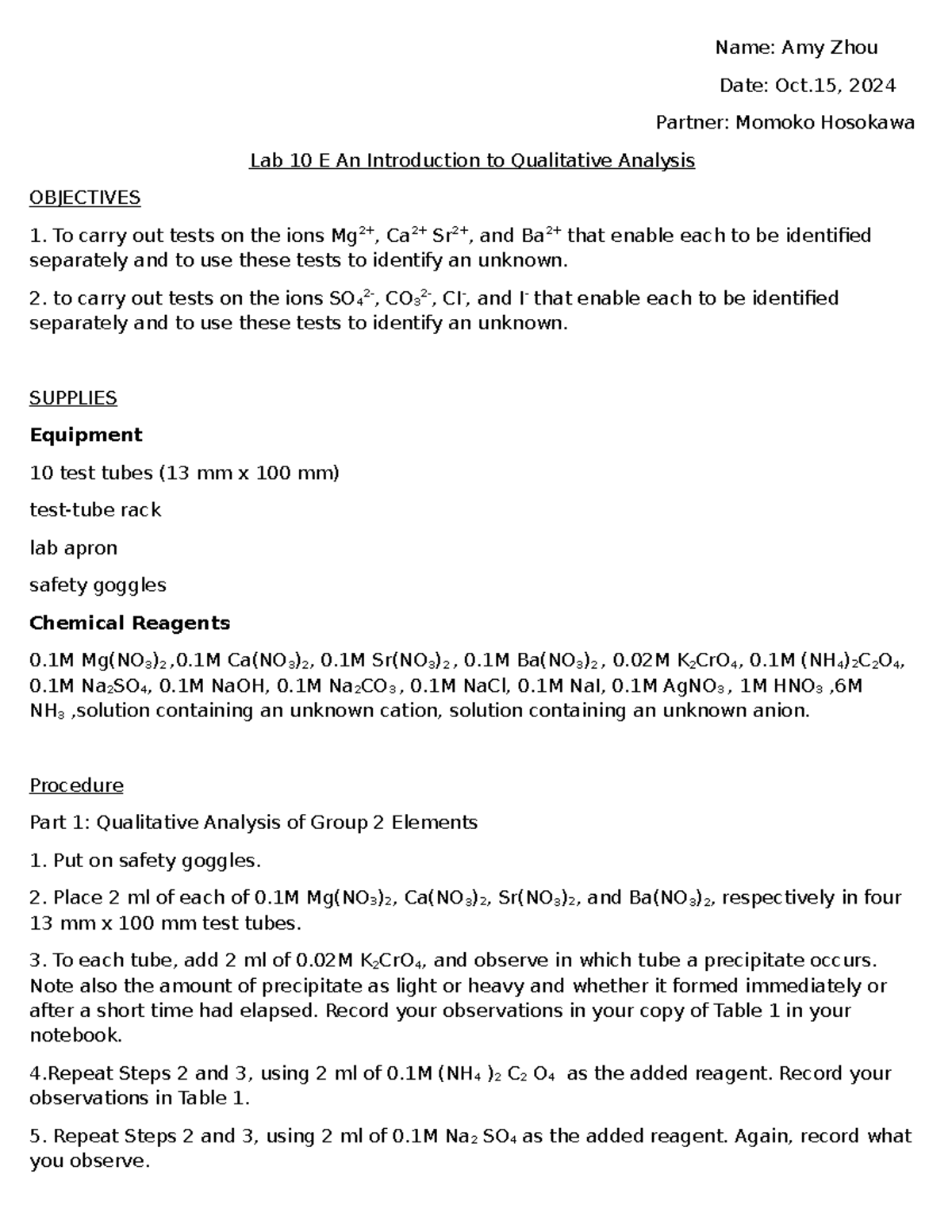 Lab 10E - Chemistry 11 Lab report 10 E - Name: Amy Zhou Date: Oct, 2024 ...