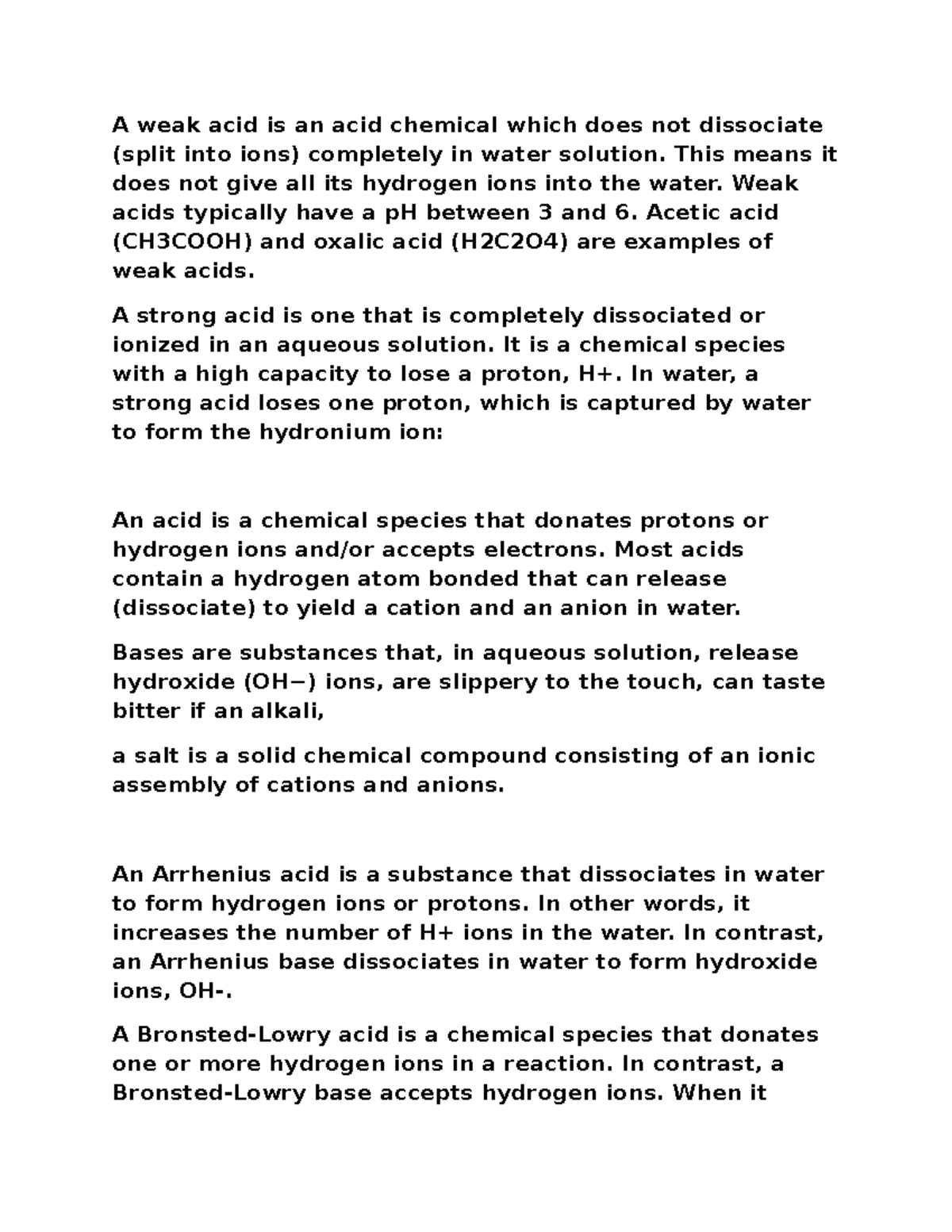 A weak acid is an acid chemical which does not dissociate - Sociologia -  O&M - StuDocu