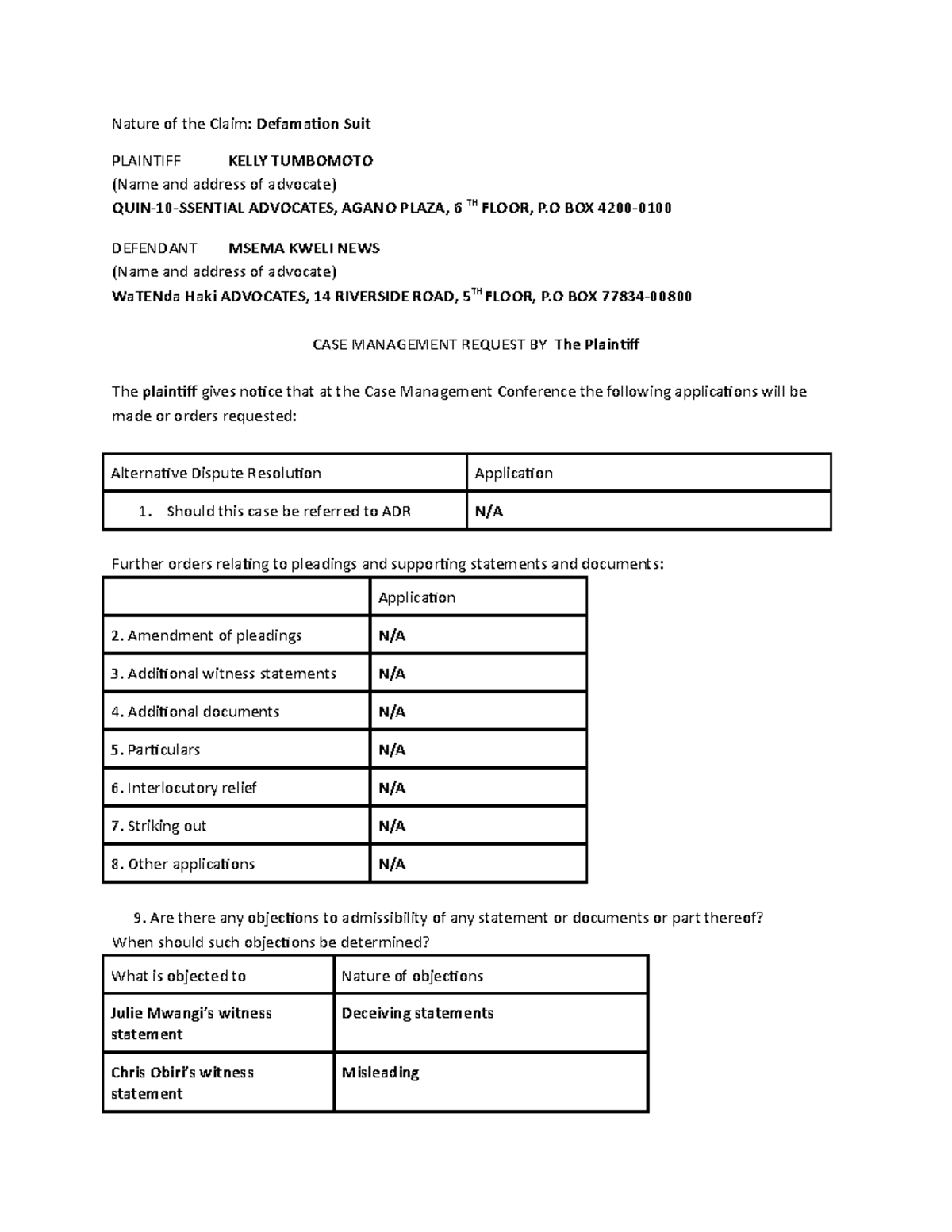 CASE Management Request - Nature of the Claim: Defamation Suit ...