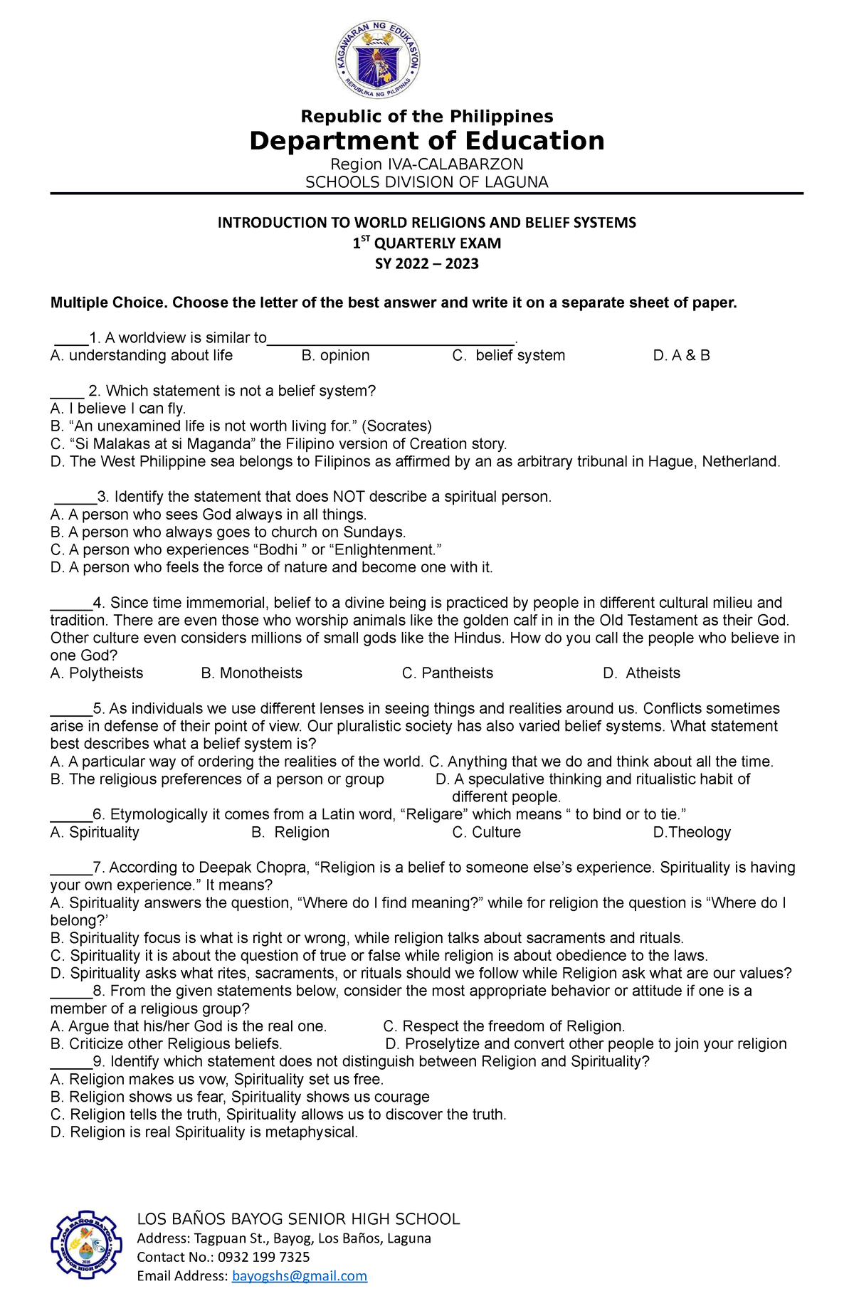 Religion Diagnostic Test Department Of Education Region Iva Calabarzon Schools Division Of 0965