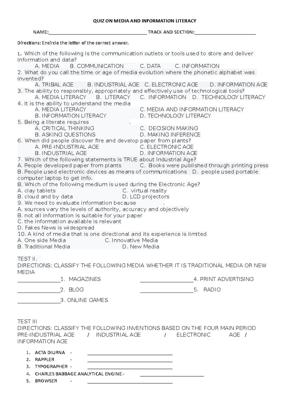 MIL-QUIZ-3 - dffdfdsfdsfd - QUIZ ON MEDIA AND INFORMATION LITERACY ...