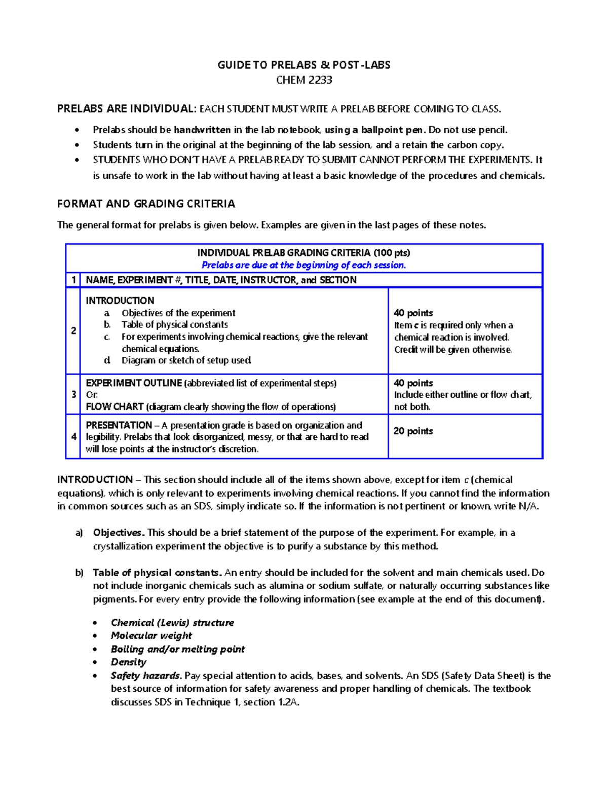 Guide To Prelabs - GUIDE TO PRELABS & POST-LABS CHEM 2233 PRELABS ARE ...