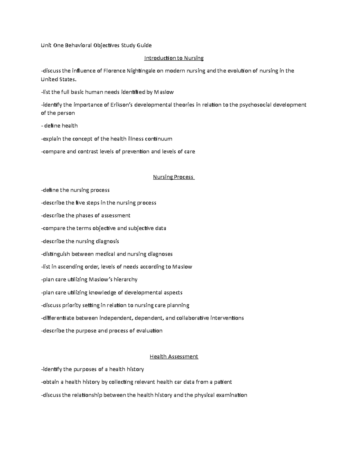 Unit One Behavioral Objectives Study Guide - Unit One Behavioral ...