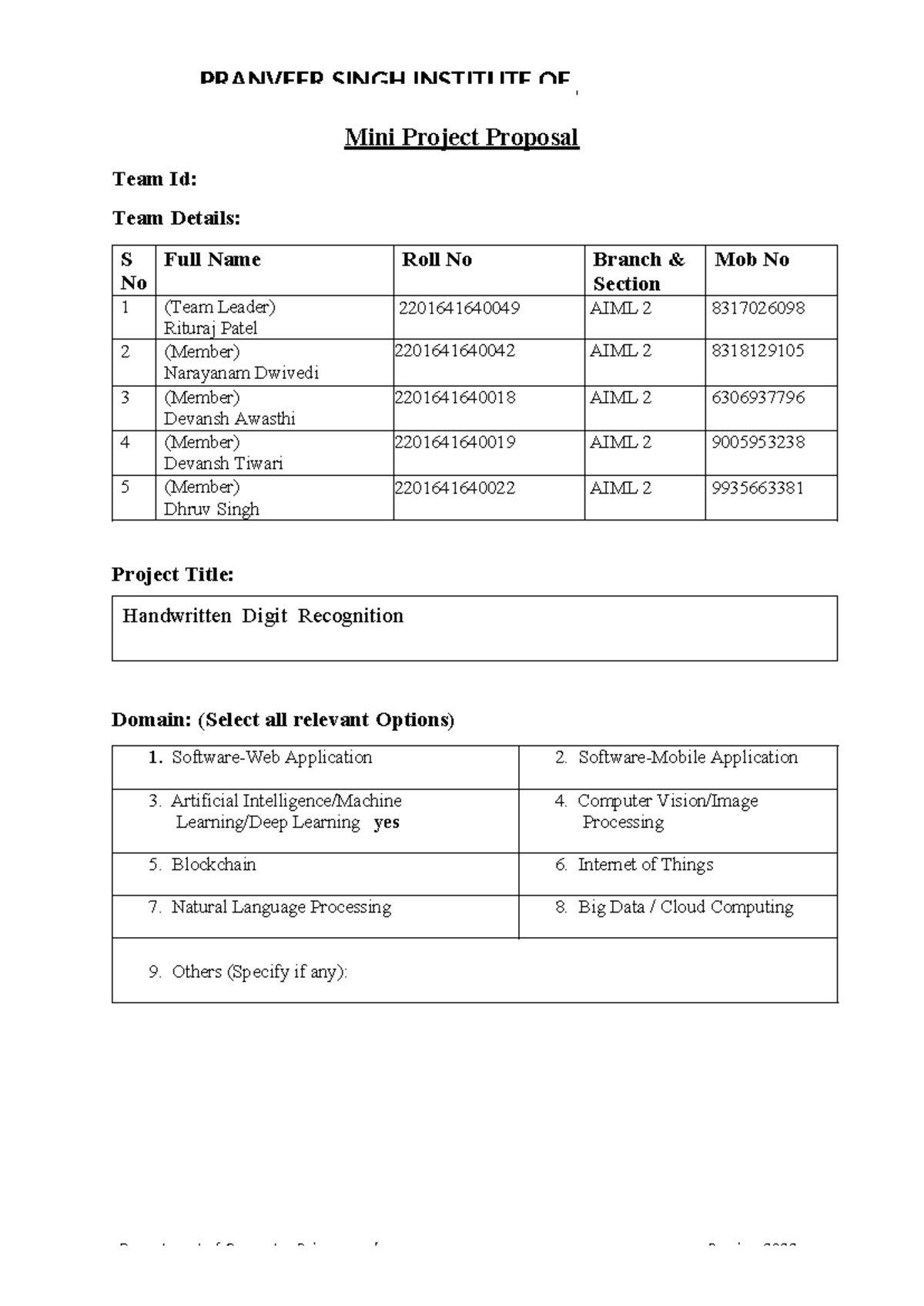Mini Project Proposal Group 6 - Handwritten Digit Recognition PRANVEER ...