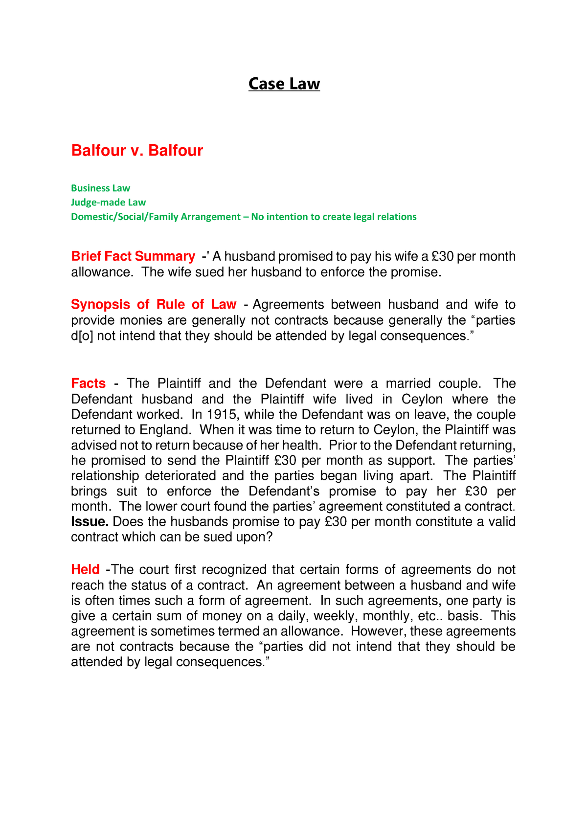 LAW Cases - Case Law Balfour V. Balfour Business Law Judge-made Law ...