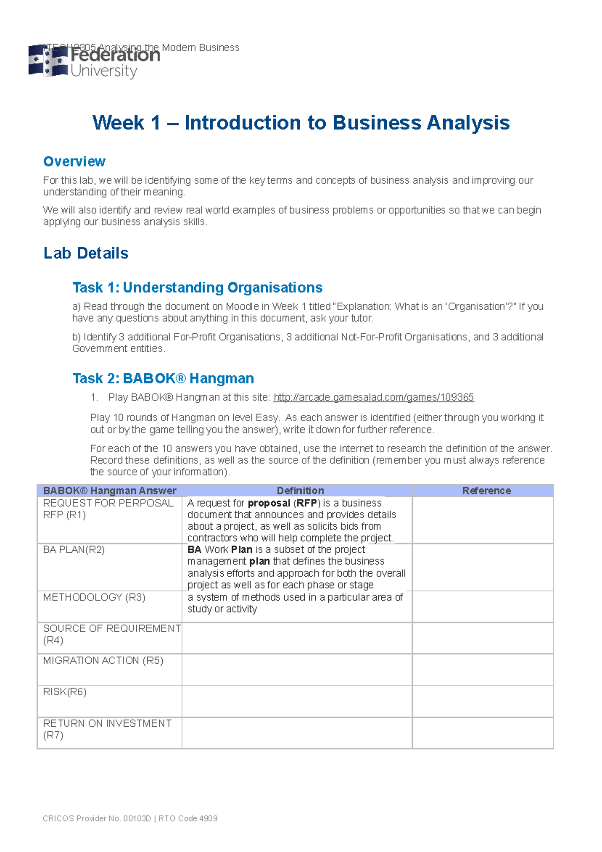 ITECH2305 Week 1 Lab - lab work - ITECH2305 Analysing the Modern ...
