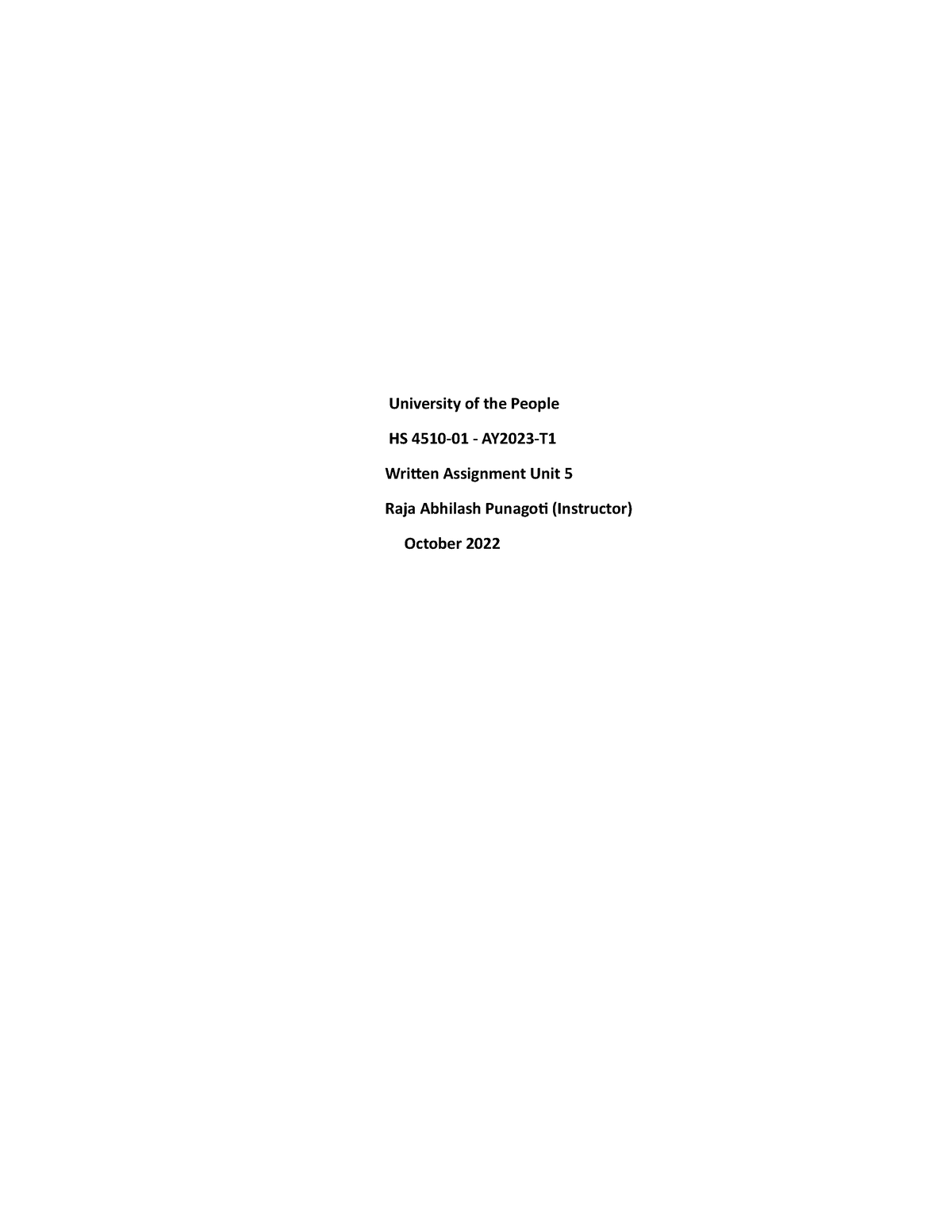 HS 4510 Written Assignment UNIT 5 - University of the People HS 4510-01 ...