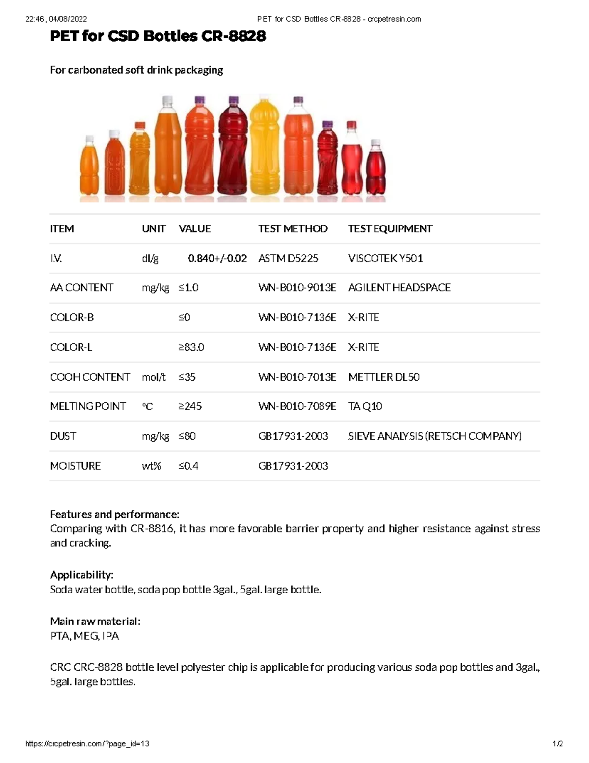 PET for CSD Bottles CR-8828 - dl/g 0+/-0 ASTM D5225 VISCOTEK Y AA ...
