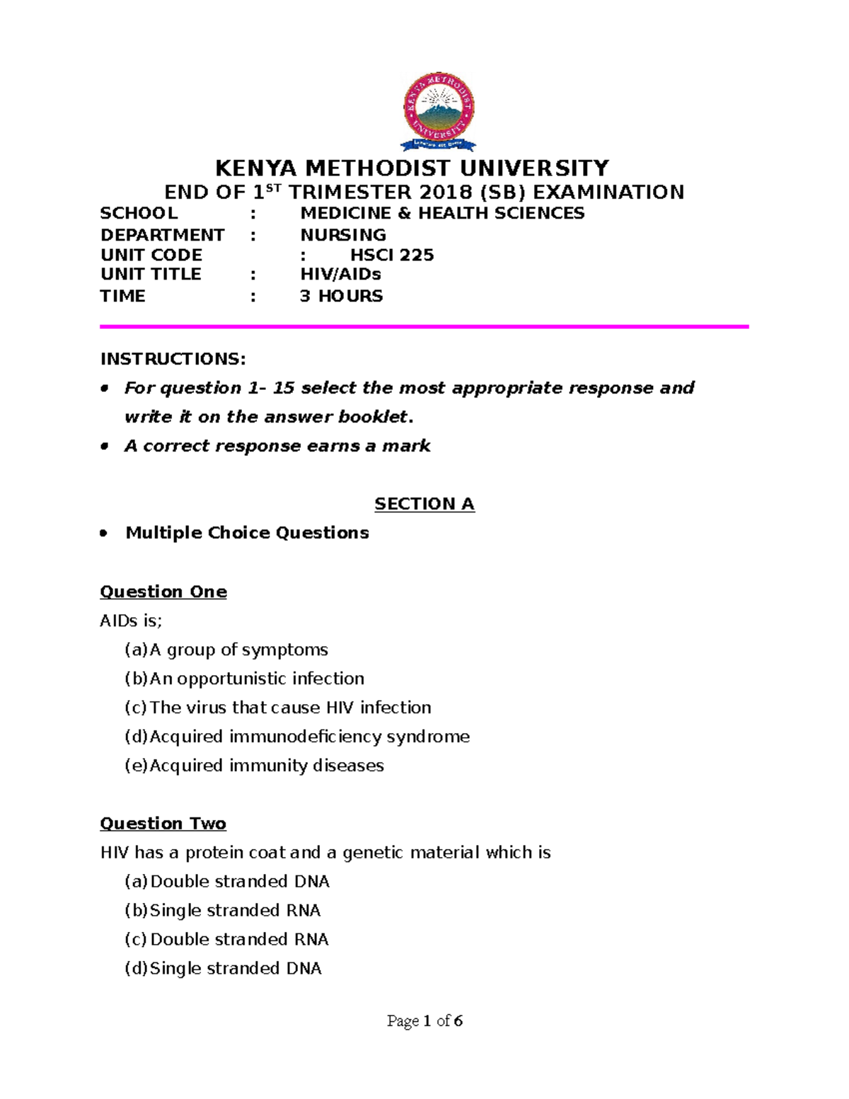 HIV AIDs (HSCI 225) 1ST Trimester 2018 SB - KENYA METHODIST UNIVERSITY ...