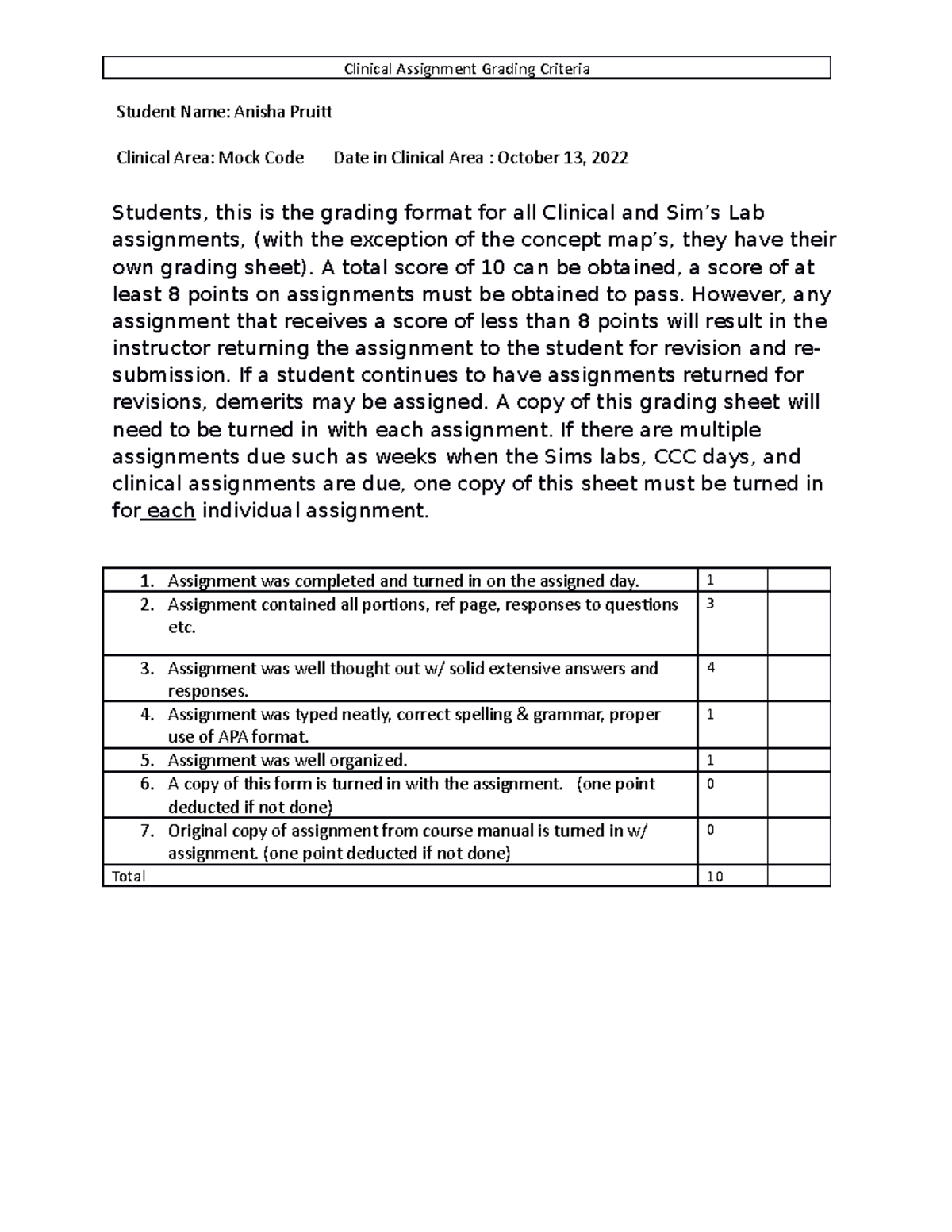 Clinical Assignment Score Sheet Mock - Clinical Assignment Grading ...