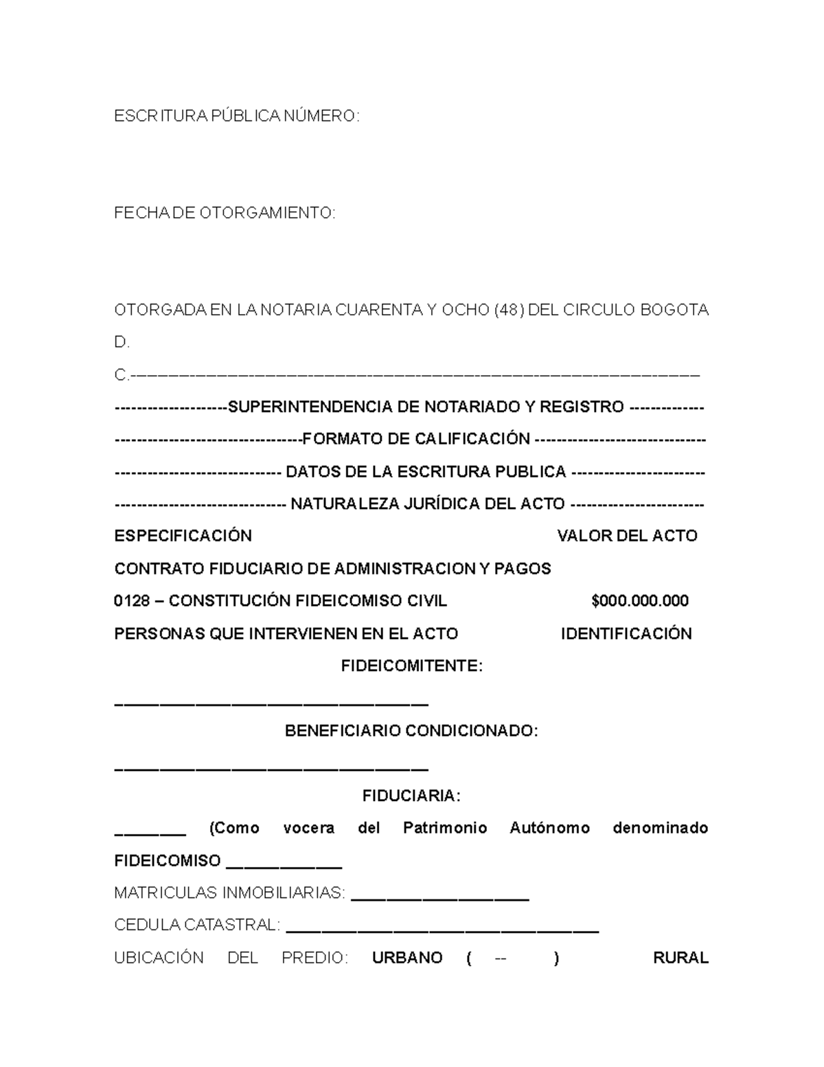 Fidecomiso- Civil - ESCRITURA PÚBLICA NÚMERO: FECHA DE OTORGAMIENTO:  OTORGADA EN LA NOTARIA CUARENTA - Studocu