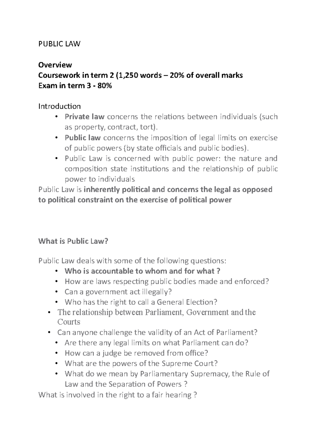 Public notes copy - PUBLIC LAW Overview Coursework in term 2 (1,250 ...