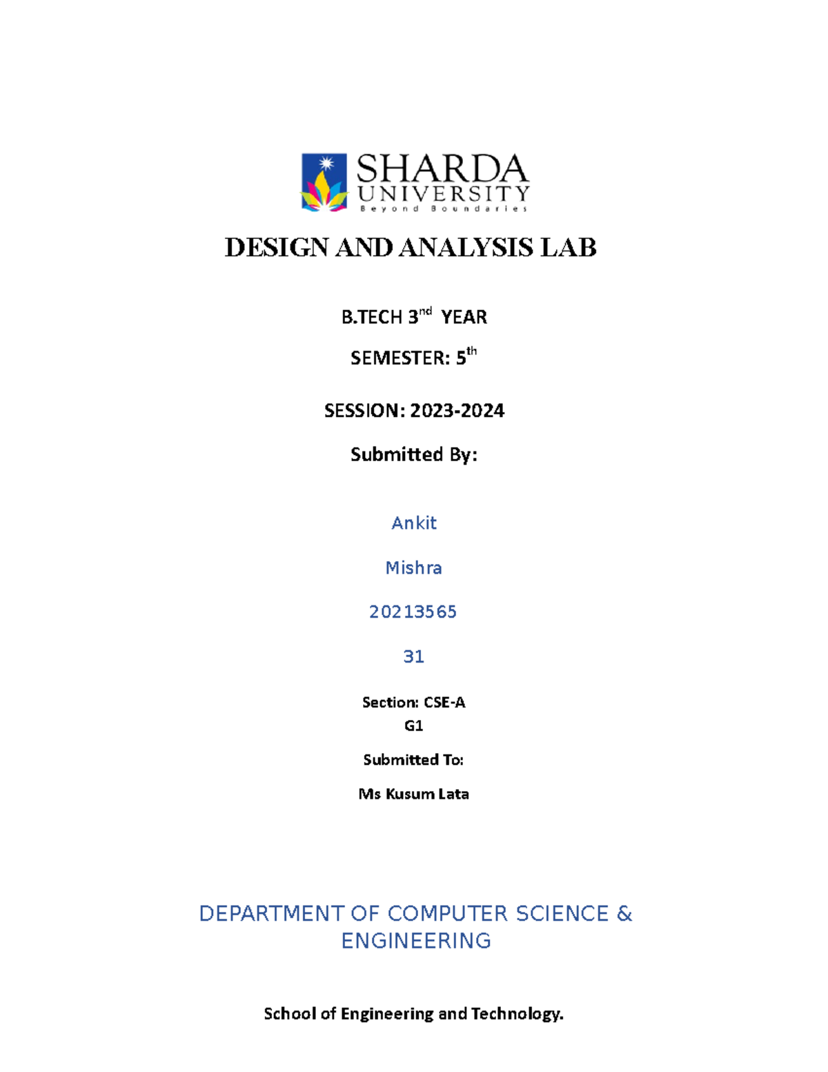 Daa Lab file DAA DESIGN AND ANALYSIS LAB B 3nd YEAR SEMESTER 5th