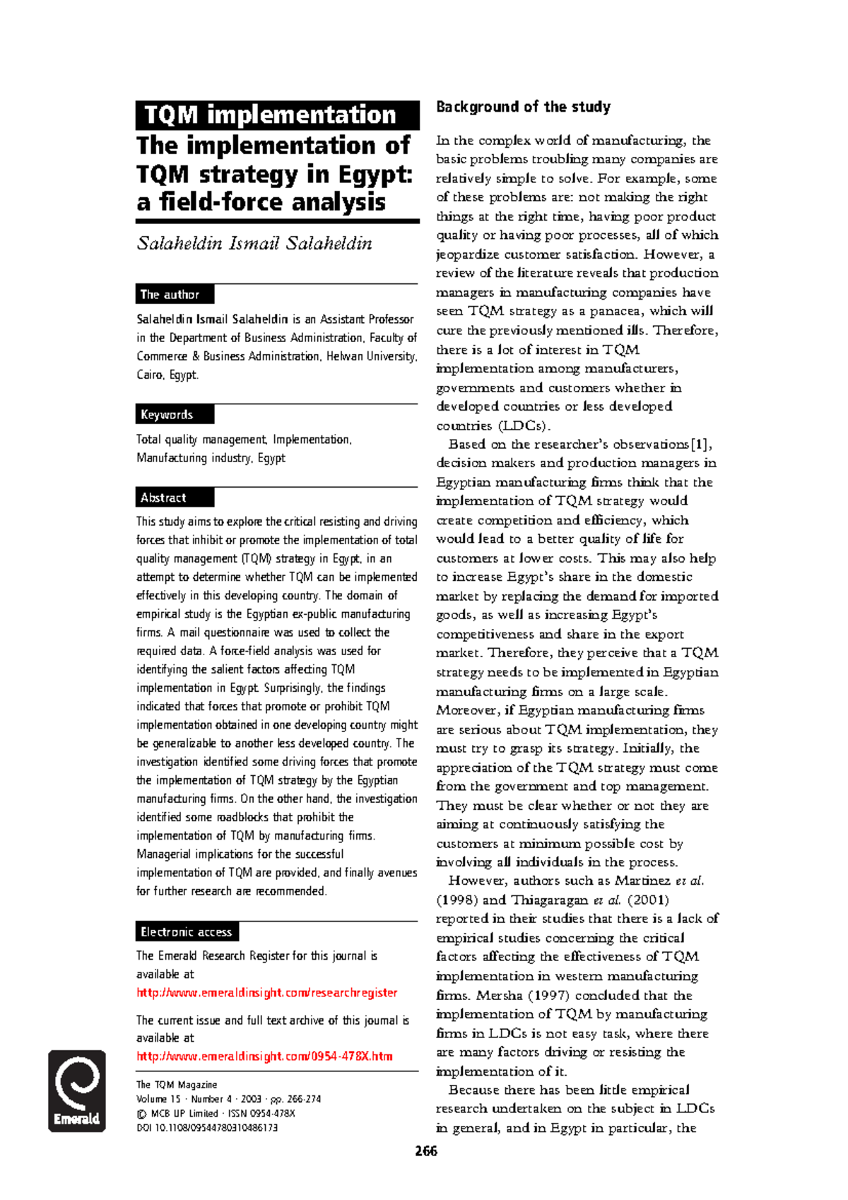 Implementation of tqm - The implementation of TQM strategy in Egypt: a ...