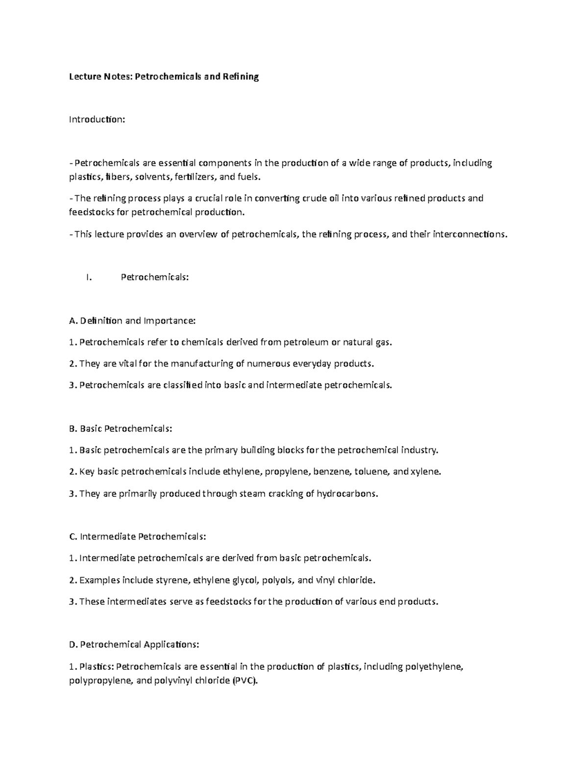 Lecture Notes: Petrochemicals and Refining - Lecture Notes ...