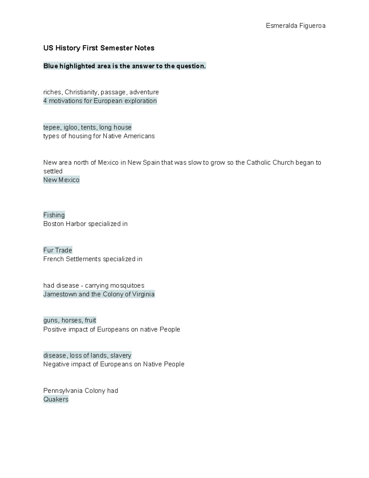 US History First Semester Notes - Esmeralda Figueroa US History First ...