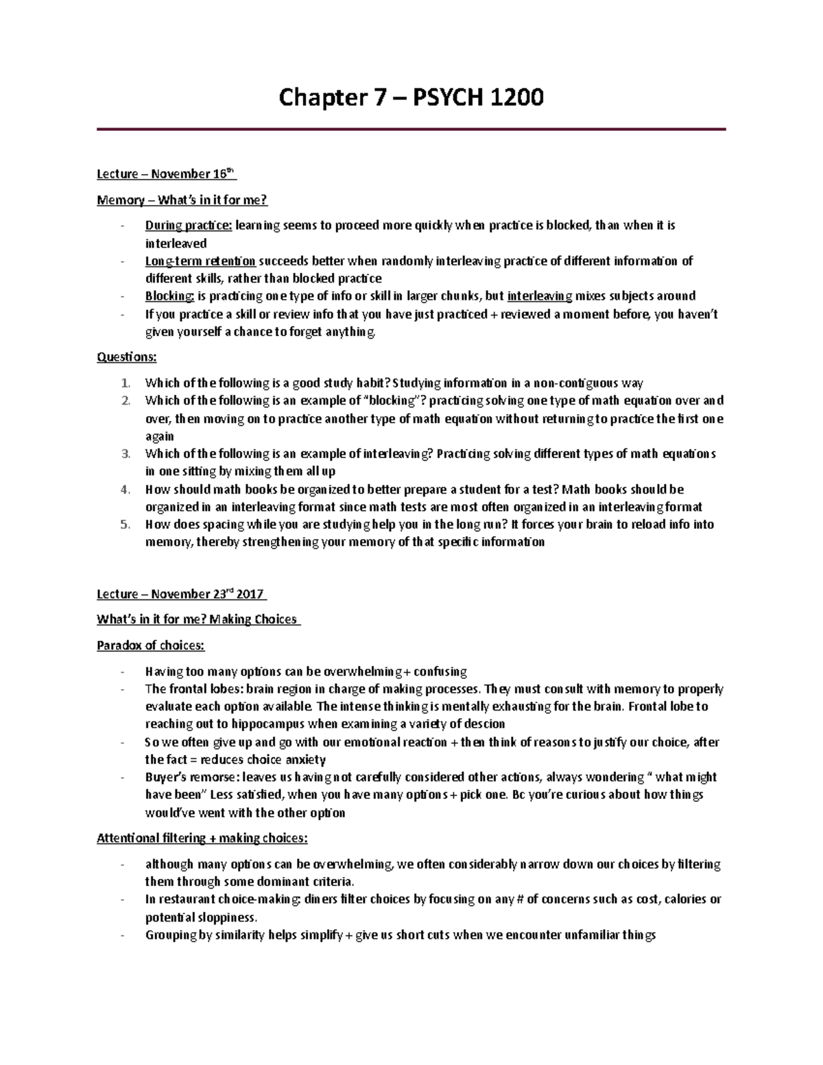 Chapter 7 – Psych 1200 - Lecture notes 7 - Chapter 7 – PSYCH 1200 ...