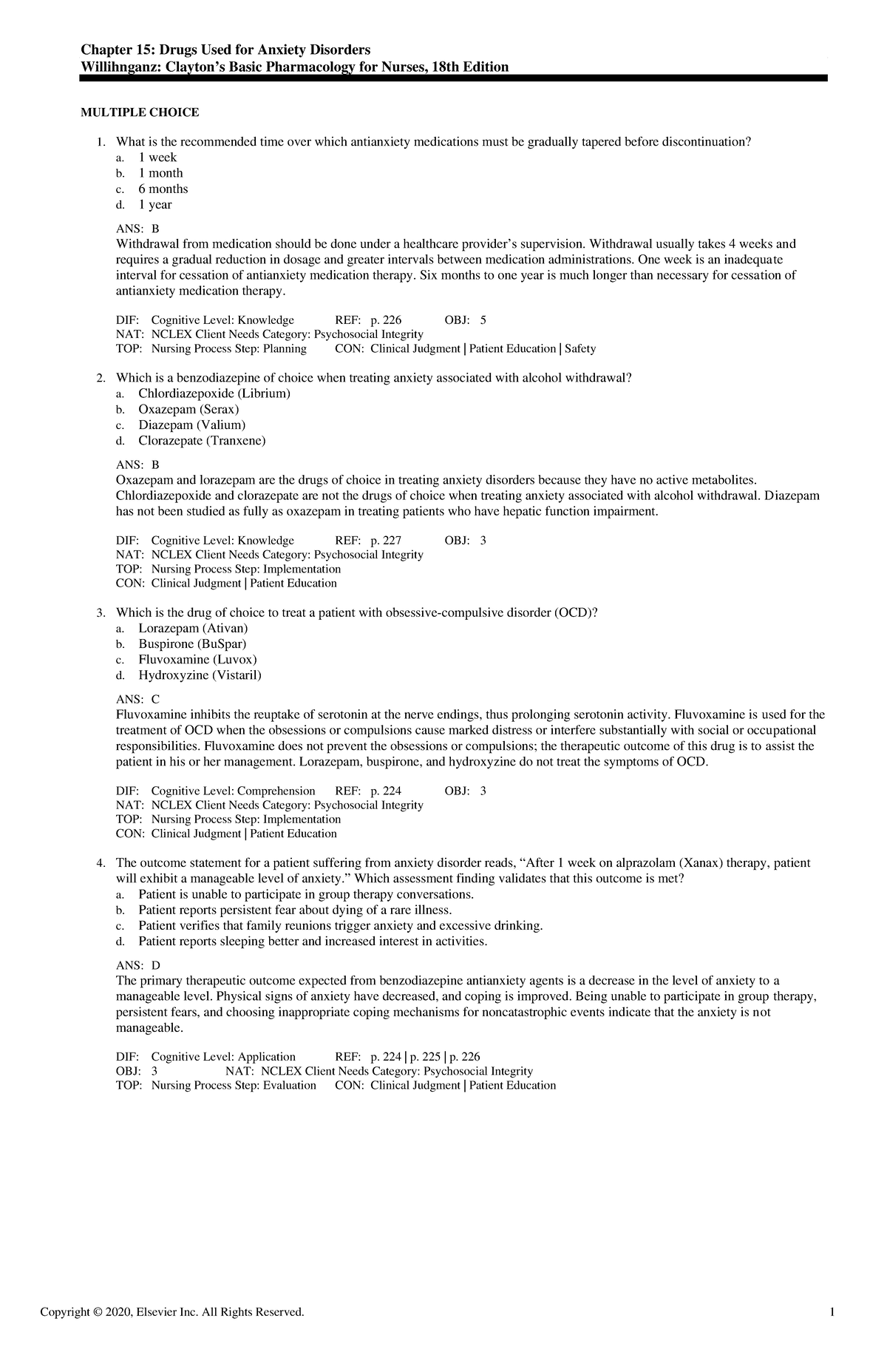 Exam View - Chapter 15 - Test Bank - Chapter 15: Drugs Used For Anxiety ...