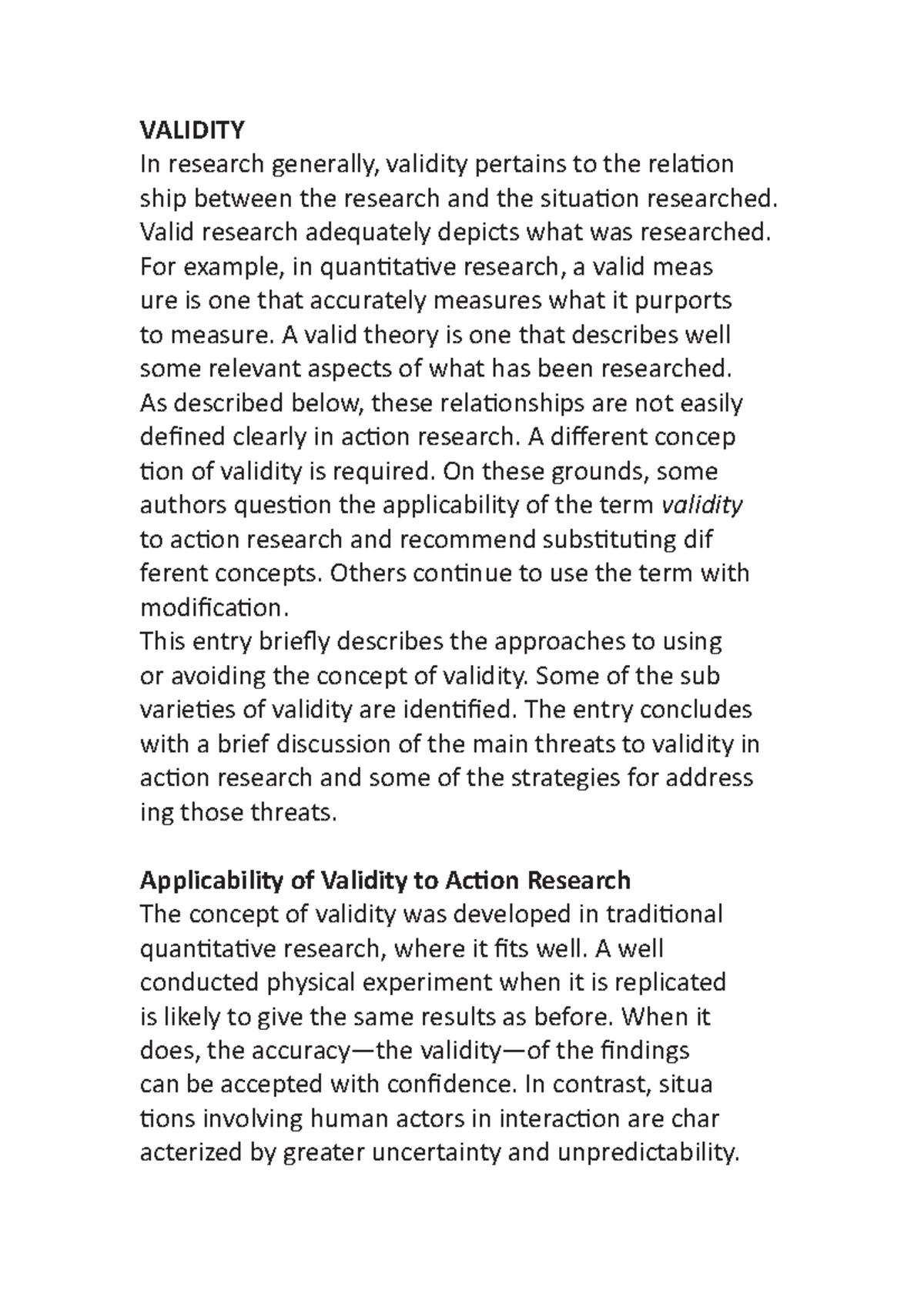 Applicability of Validity to Action Research - VALIDITY In research ...