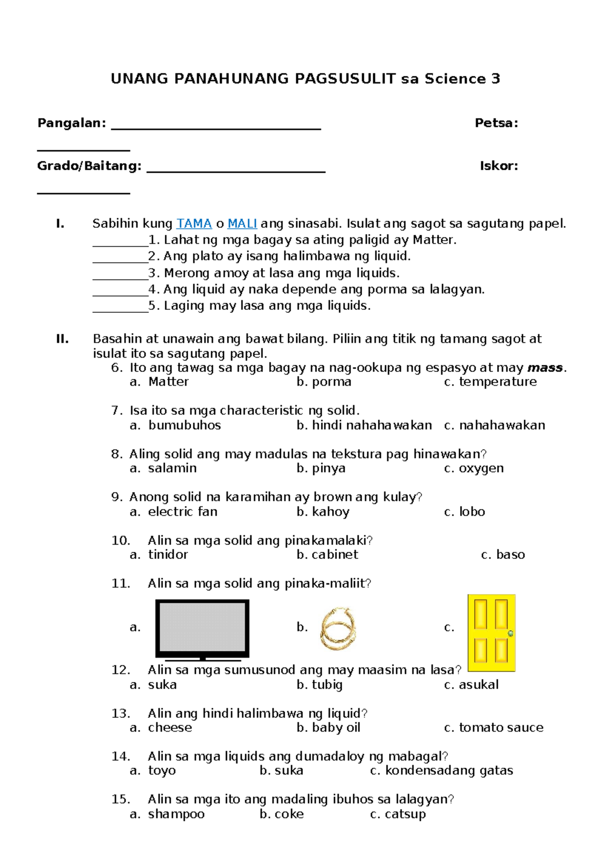 GRADE 3 Periodical Test Q1 - UNANG PANAHUNANG PAGSUSULIT Sa Science 3 ...