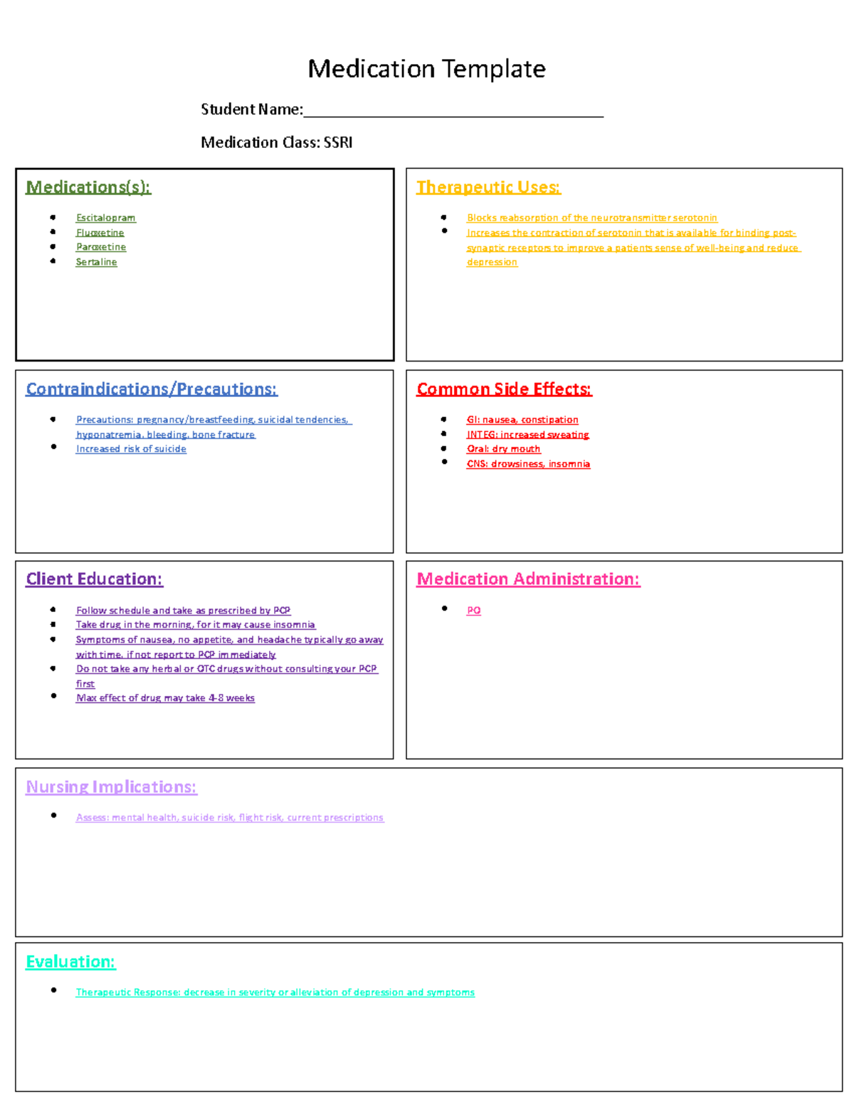 Drug - SSRI - Drug Cards - Medication Template Student Name