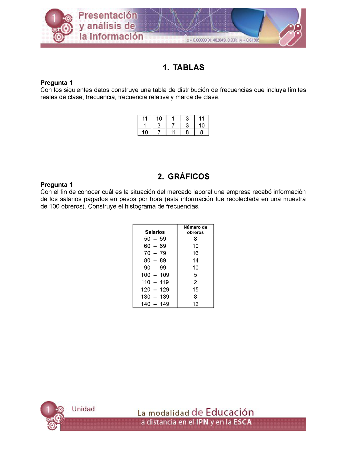 Tablas Graficos - 1. TABLAS Pregunta 1 Con Los Siguientes Datos ...