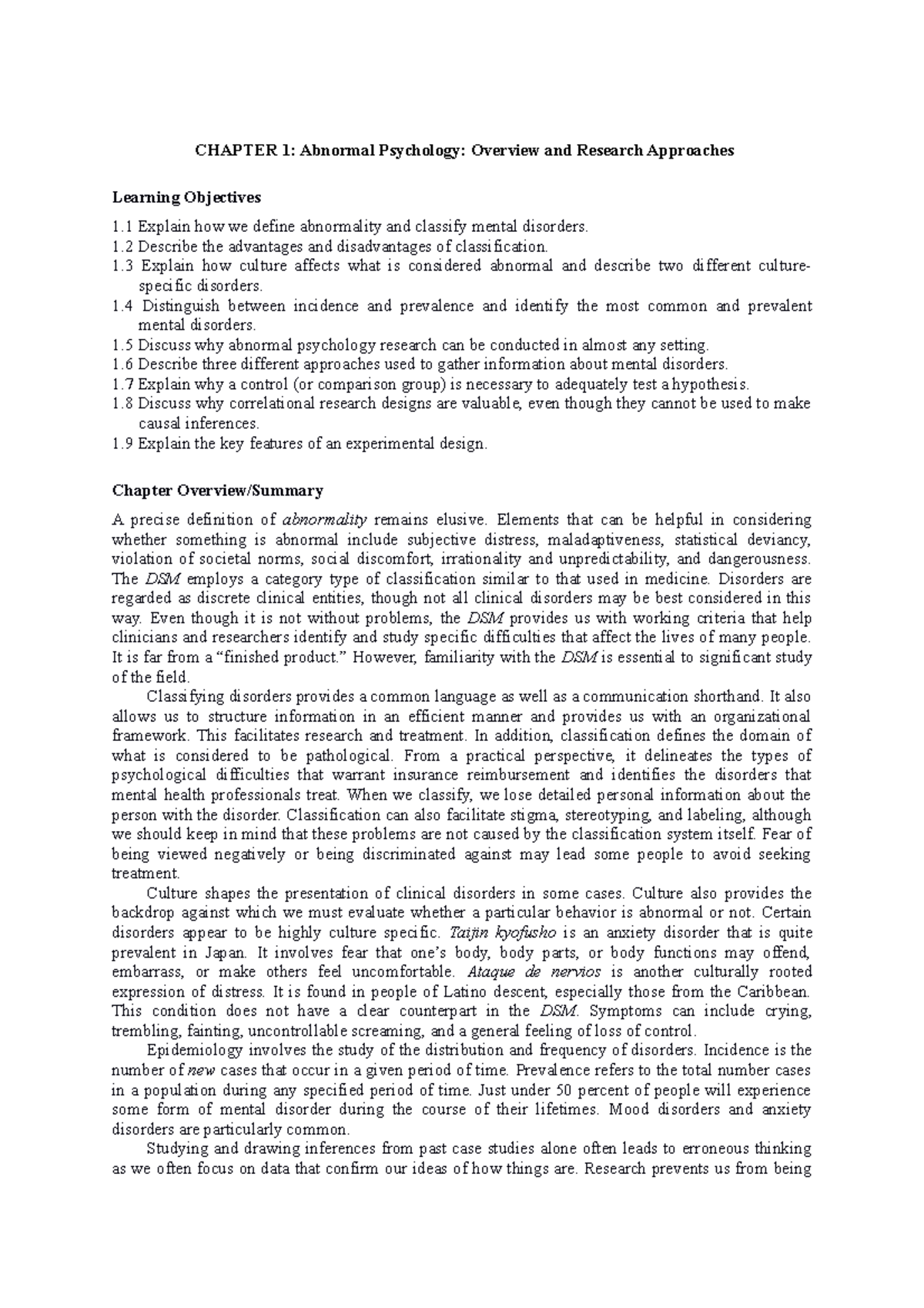 Chapter 1 Extra summary - CHAPTER 1: Abnormal Psychology: Overview and ...