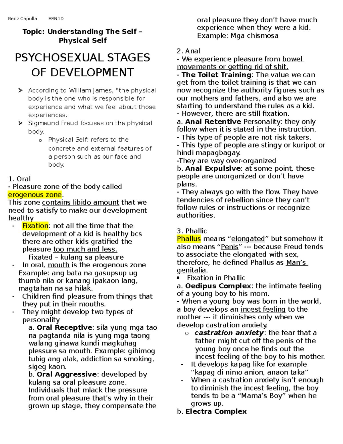 UTS Physical Self (Notes) - Renz Capulla BSN1D Topic: Understanding The ...