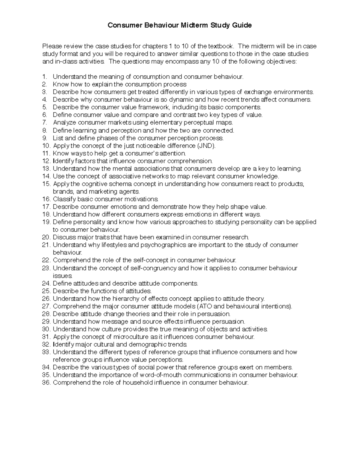 Consumer Behavior Midterm Study Guide - The midterm will be in case ...