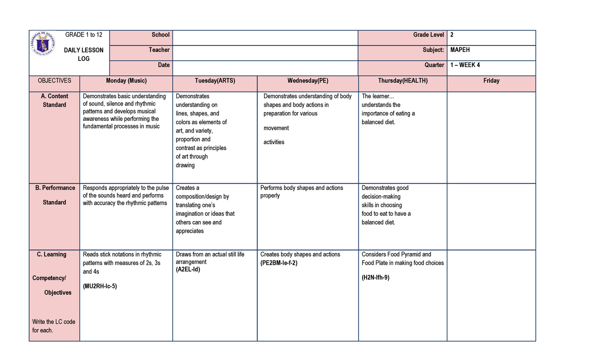 WEEK4-dll- Mapeh - Daily Lesson Plan - GRADE 1 to 12 DAILY LESSON LOG ...