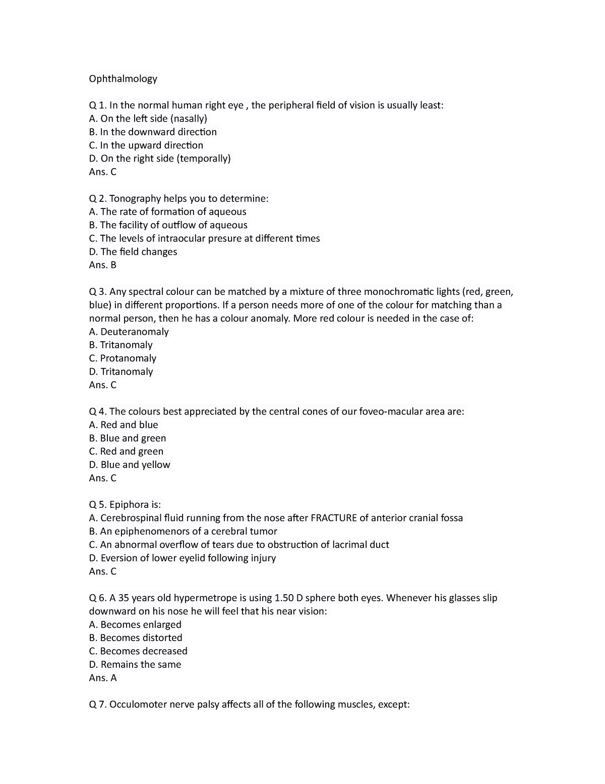 short essay questions in ophthalmology