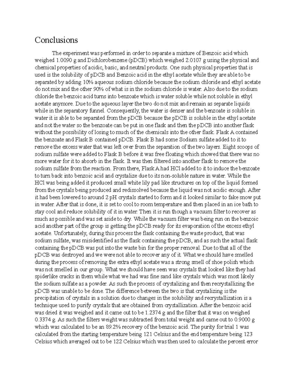 Post Lab 2 - Organic chem lab report conclusion for the 2nd lab ...