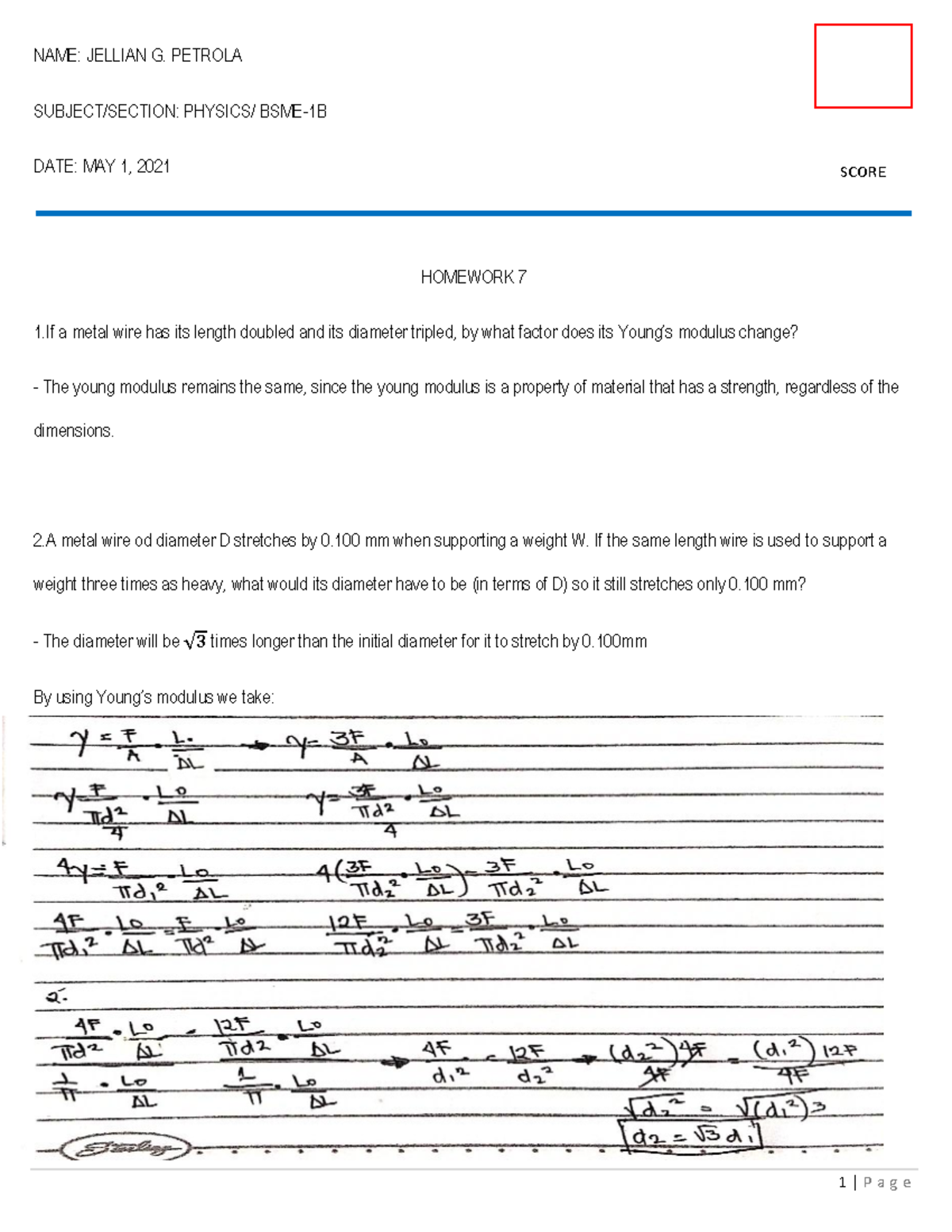 Phyme 1B Homework 7 - Physics For Engineers - PangSU - Studocu