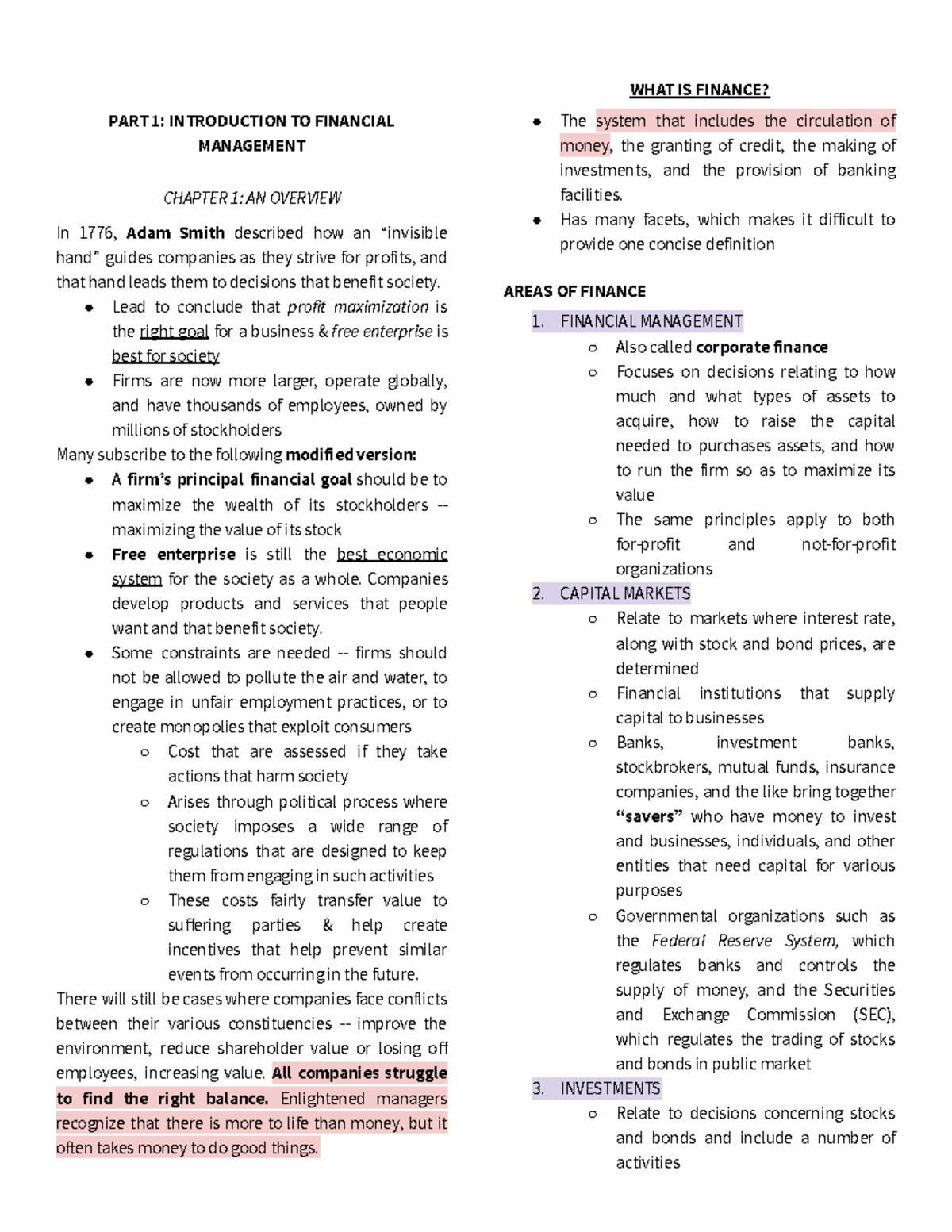 AEC 1 3 Notes - PART 1: INTRODUCTION TO FINANCIAL MANAGEMENT CHAPTER 1 ...