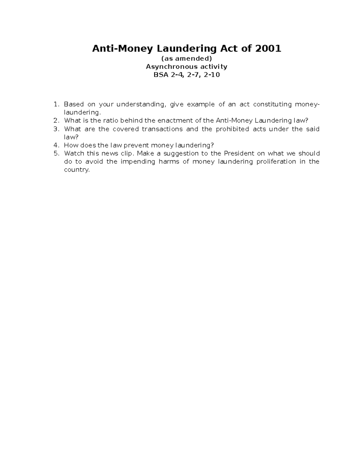 AMLA - for stuying - Anti-Money Laundering Act of 2001 (as amended ...