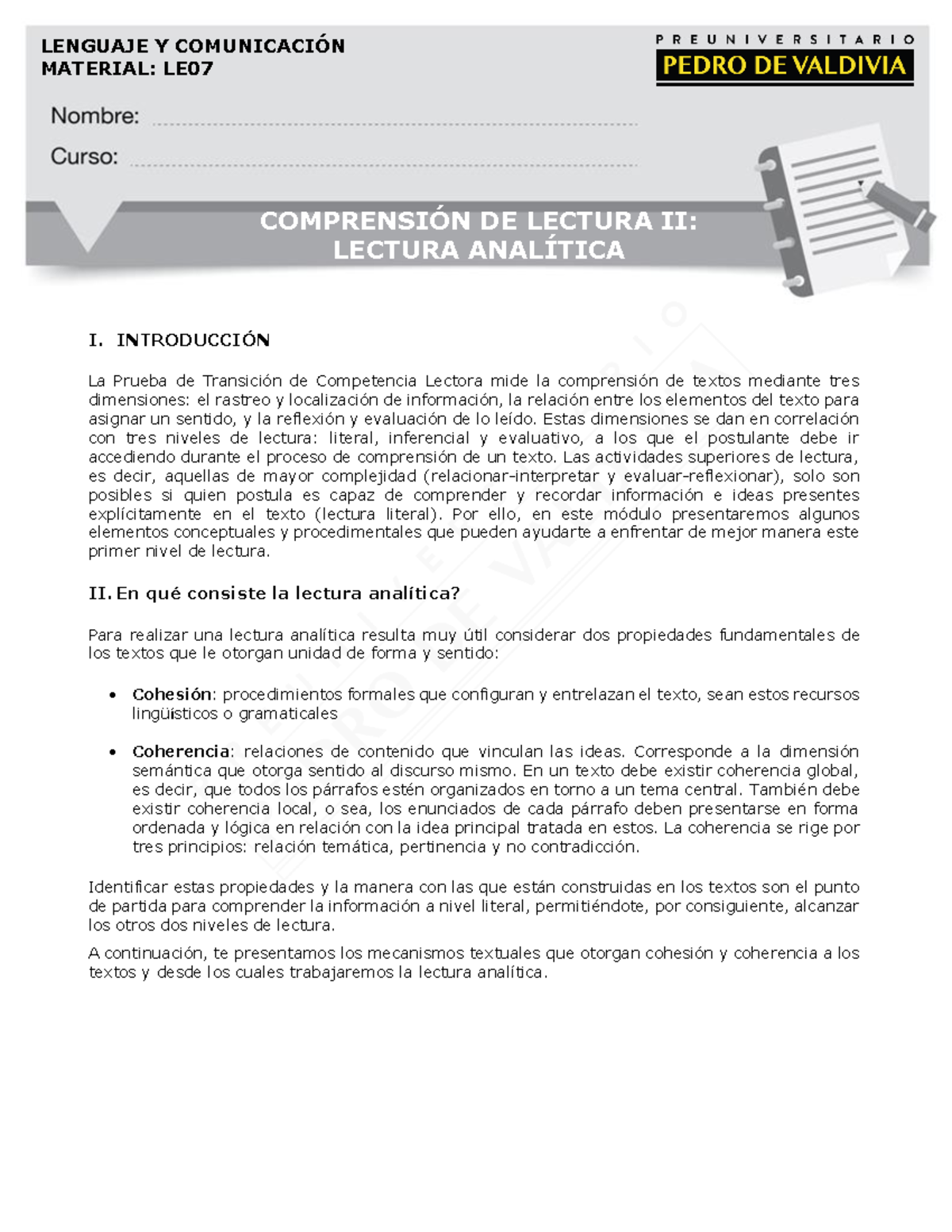 Lectura Analitica - LECTURA ANALÕTICA COMPRENSI”N DE LECTURA II ...