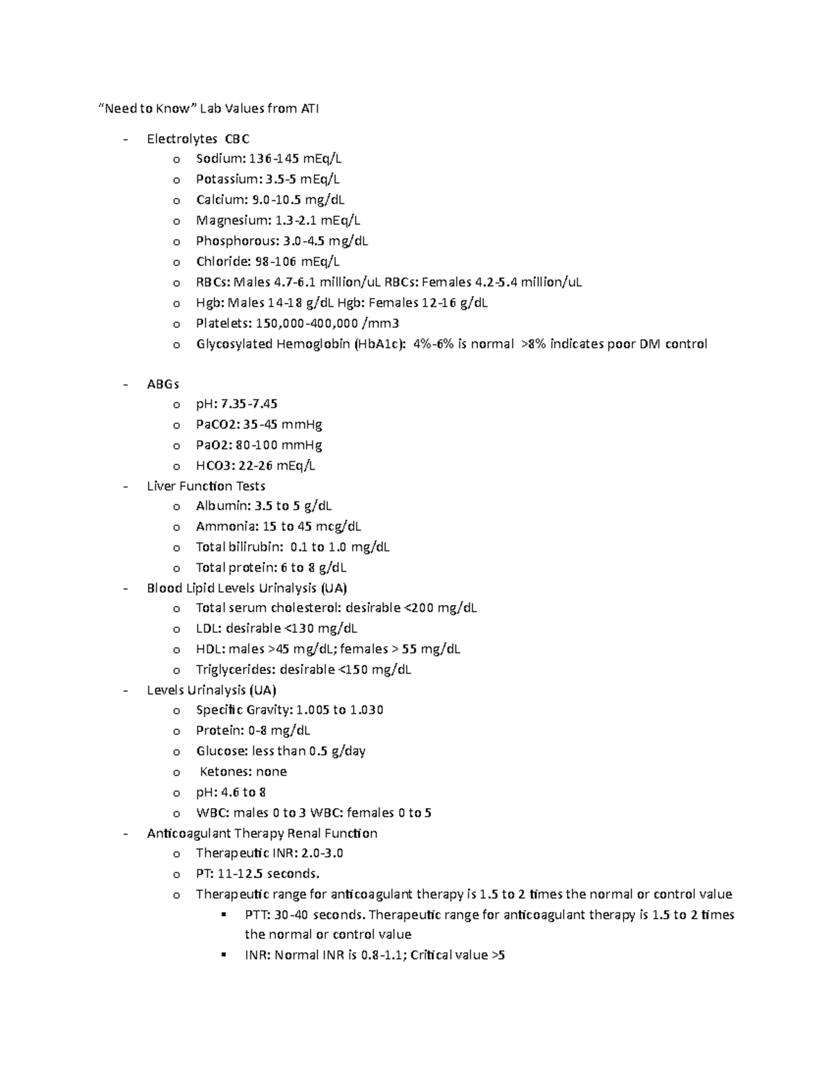 ATI critical lab values “Need to Know” Lab Values from ATI