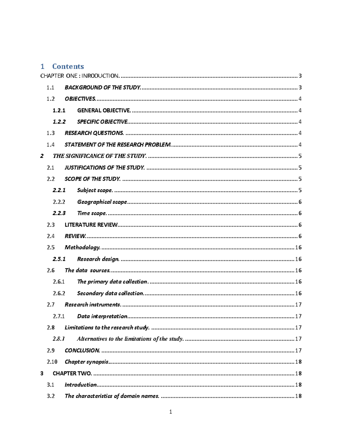 Domain name dissertation - 1 Contents CHAPTER ONE : INRODUCTION. 1 ...