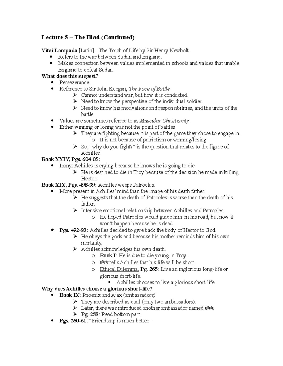 Week 3 - Lecture notes 3 - Lecture 5 – The Iliad (Continued) Vitai ...