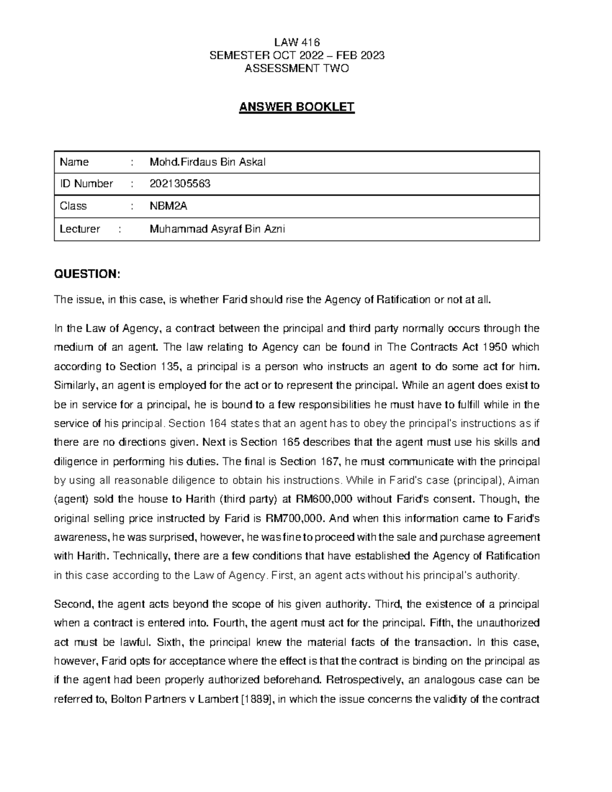 LAW416 ASSESSMENT TWO - LAW 416 SEMESTER OCT 202 2 – FEB 202 3 ...