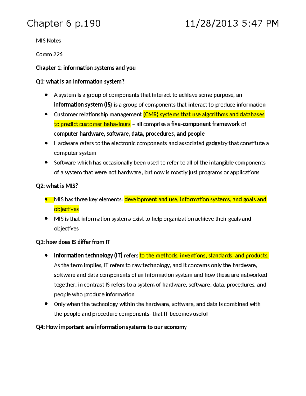 226 Notes - Chapter 6 p 11/28/2013 5:47 PM MIS Notes Comm 226 Chapter 1 ...