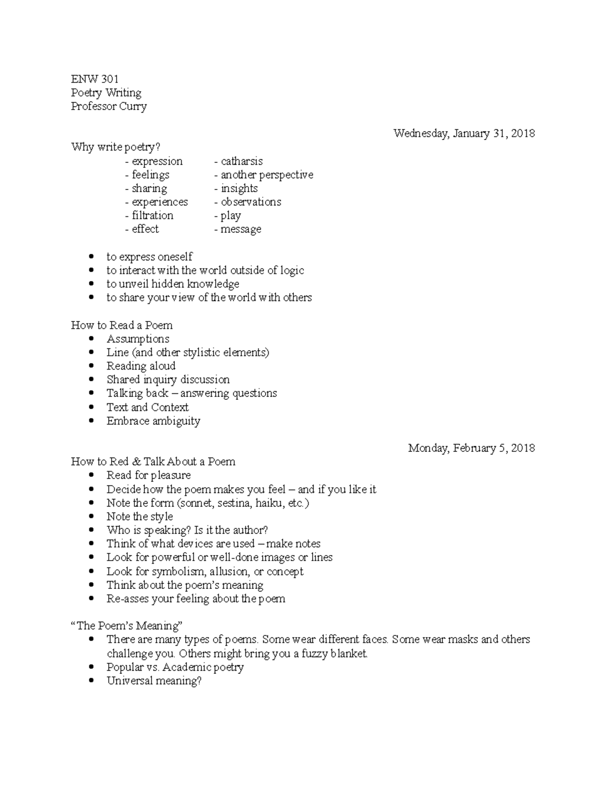 ENW 301 Notes - ENW 301 Poetry Writing Professor Curry Wednesday ...