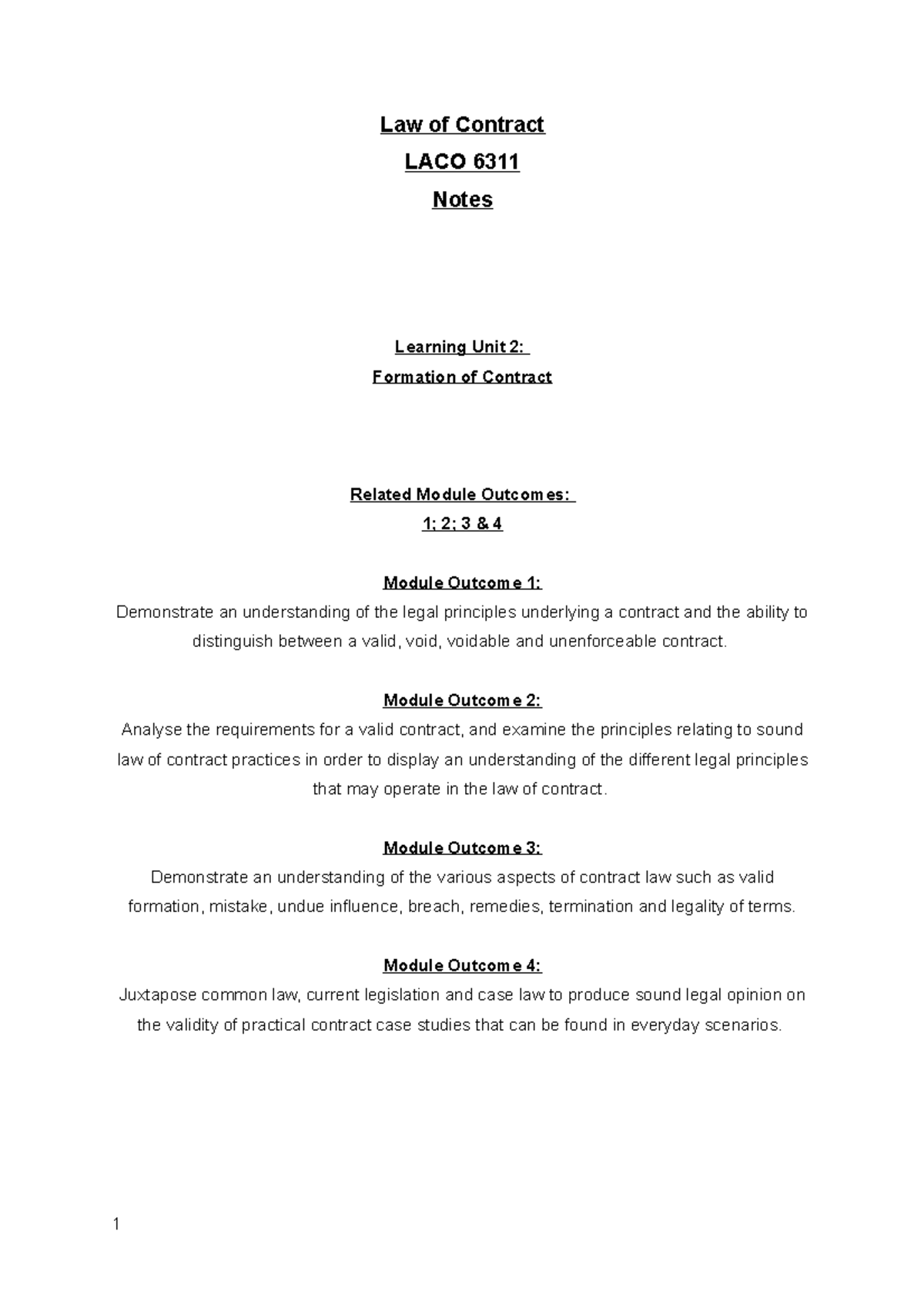 LACO 6311 LU 2 Notes. Law of Contract LACO 6311 Notes Learning Unit 2