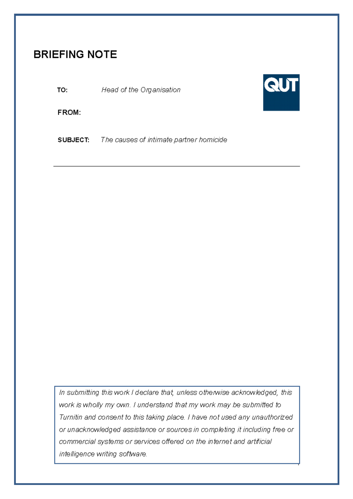 JSB172 Assessment 1 Briefing Note Template 2023 BRIEFING NOTE TO