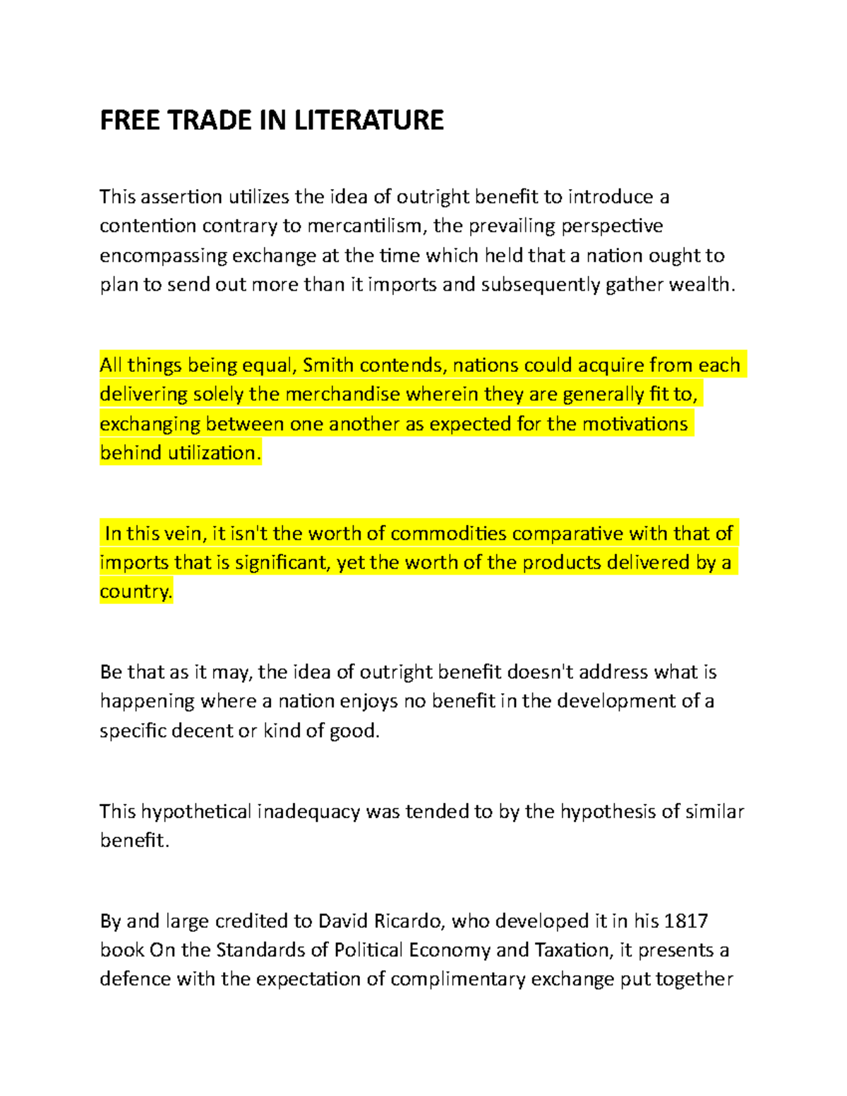 Free Trade In Literature FREE TRADE IN LITERATURE This assertion