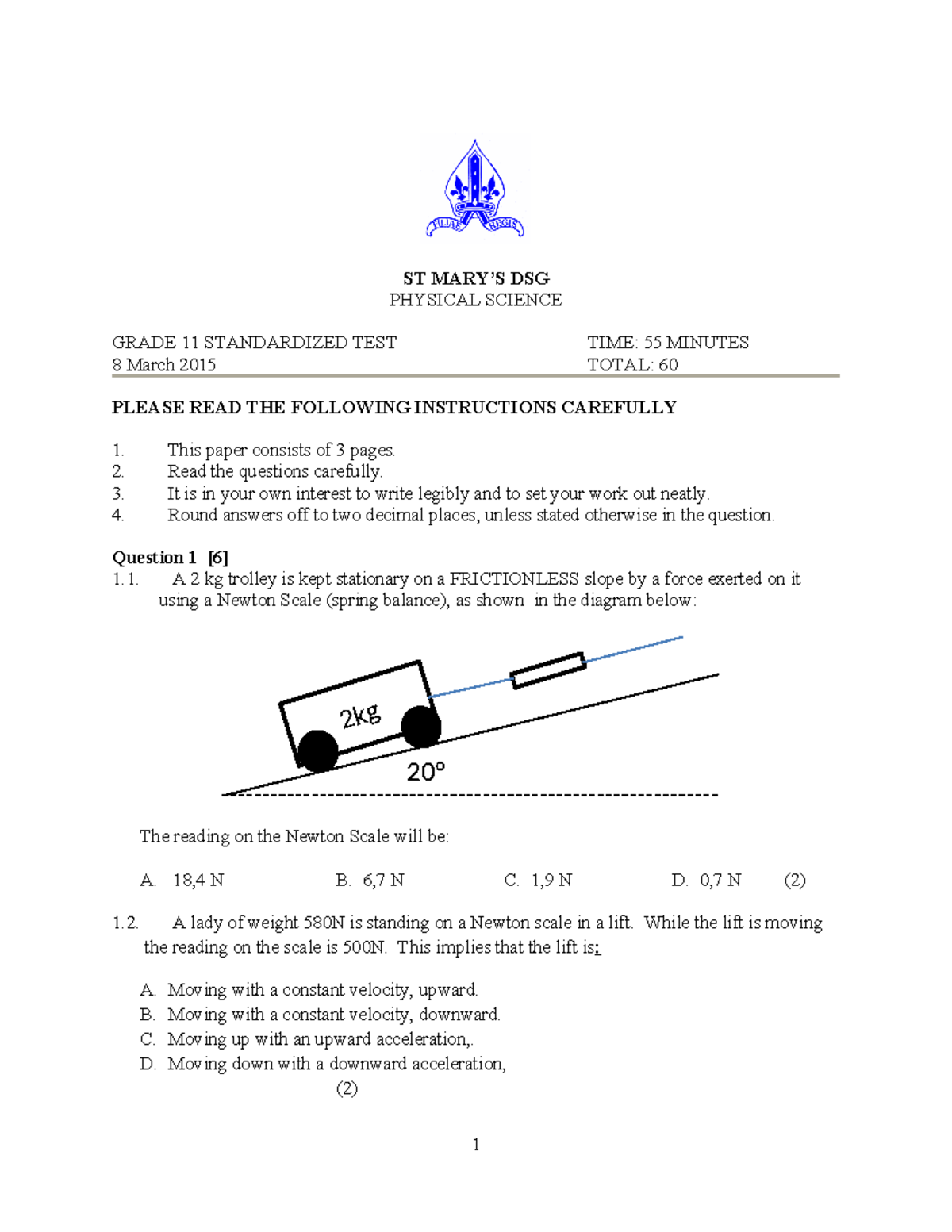 8 March Test - Practise test - ST MARY’S DSG PHYSICAL SCIENCE GRADE 11 ...